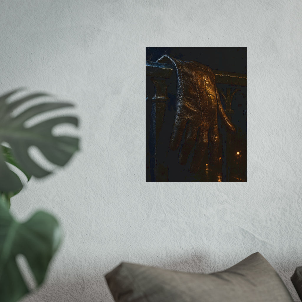 A leather glove draped over an iron railing, fingers hanging. The Repose of the Leather Glove, No. 1 by Garabaggio, fine art print hanging in a room.
