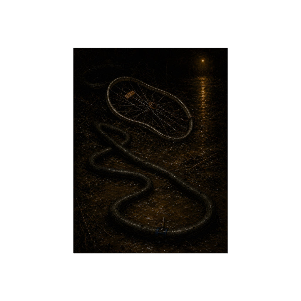 A bent bicycle wheel and uncoiled inner tube on wet asphalt at night. The Tube Uncoiled by Garabaggio, fine art print, 12″ x 16″.
