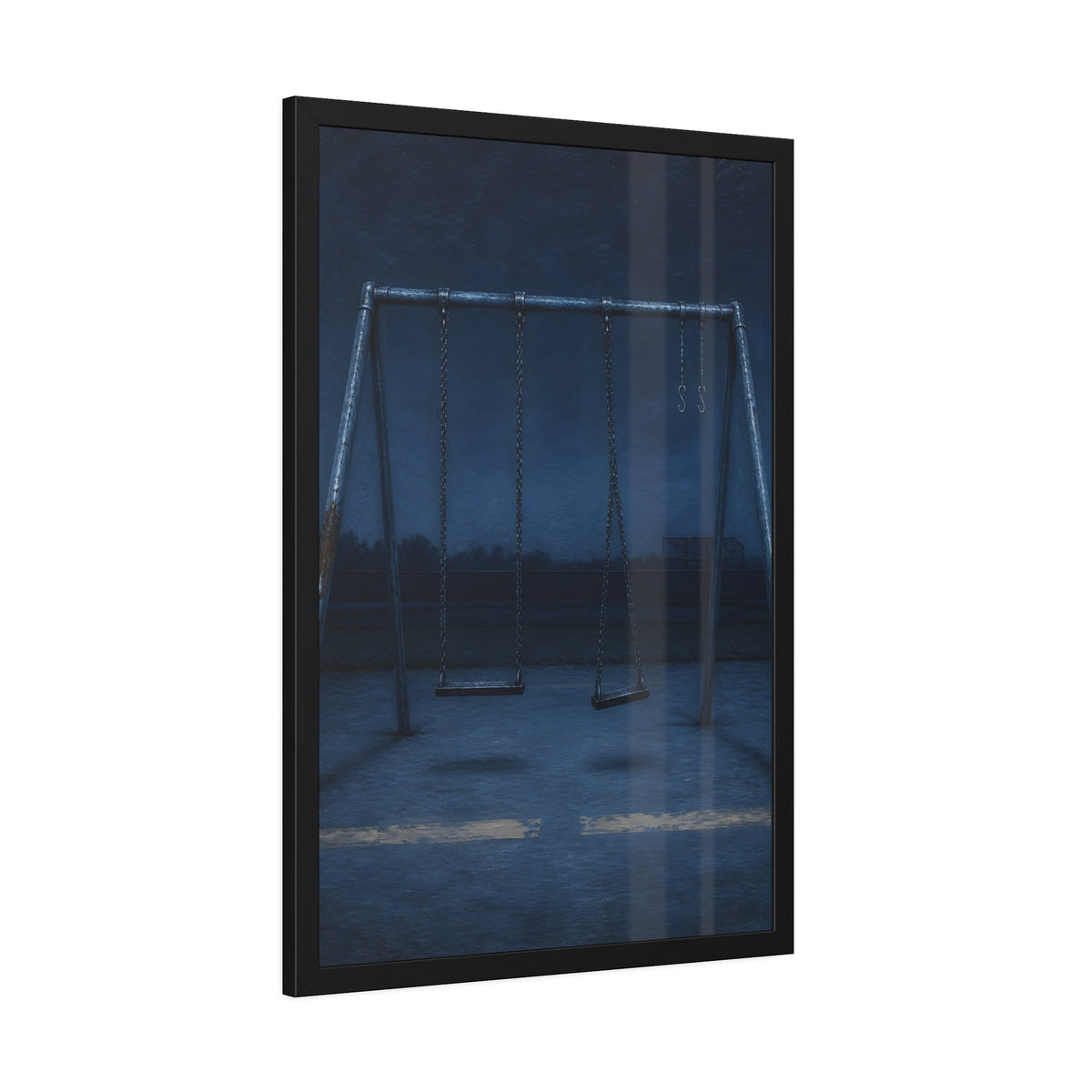 A swing set with two seats and two bare hooks in blue predawn light. The Fifth Hour: The Blue Before by Garabaggio, framed fine art print hanging in a room.