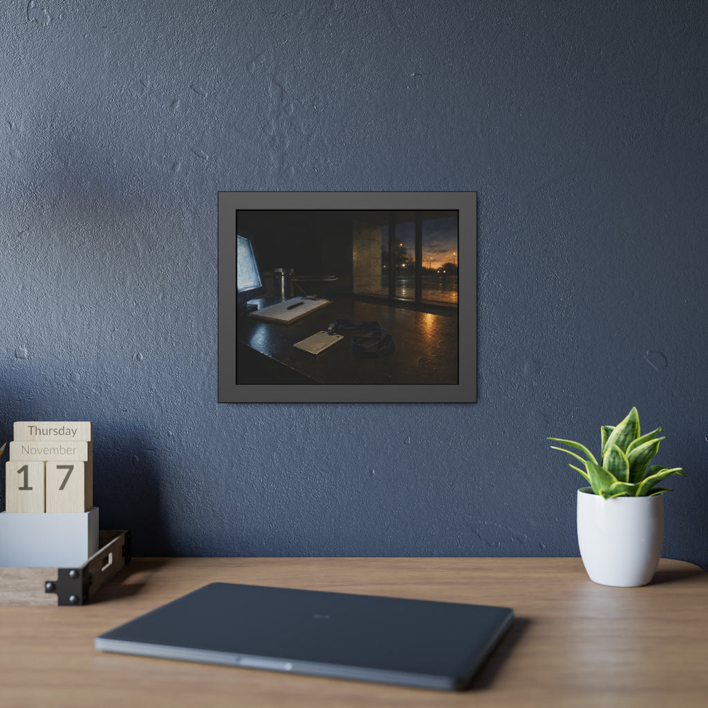An ID badge and lanyard left on a security desk beside a lit monitor. The Badge on the Security Desk by Garabaggio, framed fine art print hanging in a room.