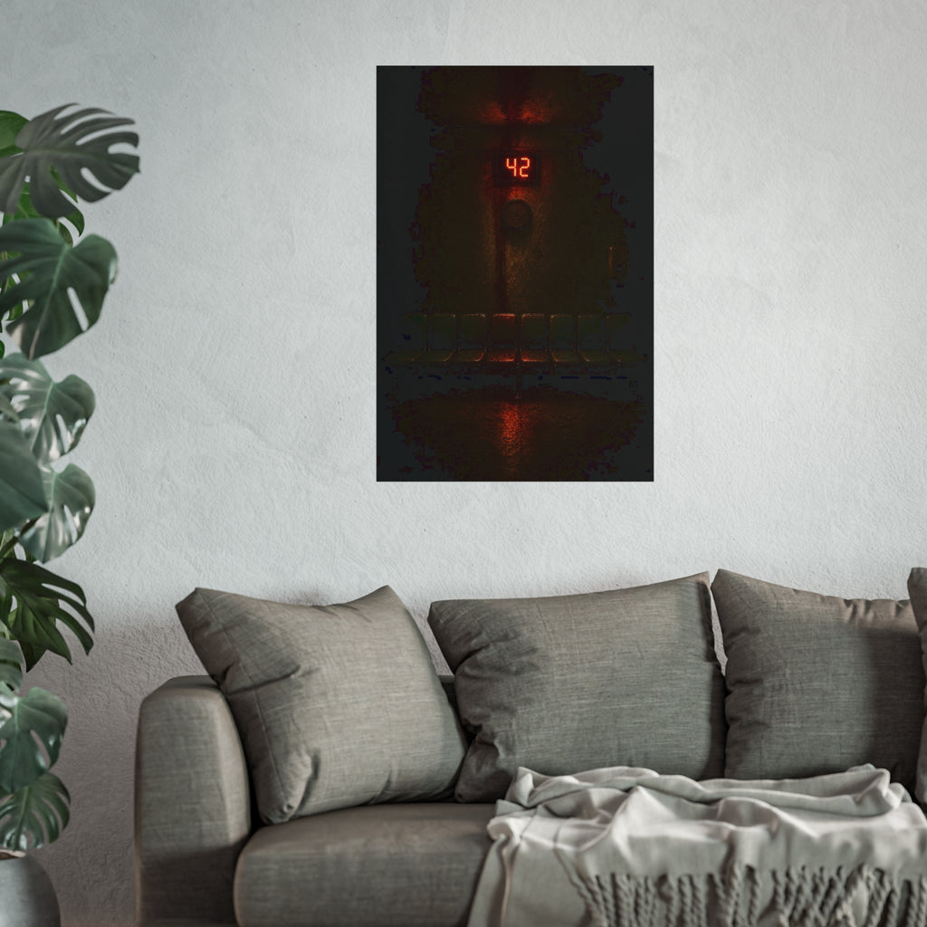 A red number display glowing above an empty row of waiting room chairs. The Number Called at Last by Garabaggio, fine art print hanging in a room.