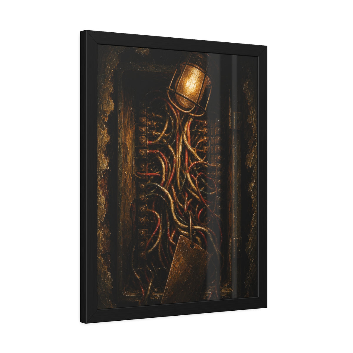 An open intercom box crowded with red and white wires under a bare bulb. The Wires Behind Names by Garabaggio, framed fine art print hanging in a room.
