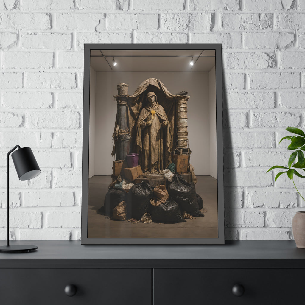 Draped standing figure under a canopy above a heap of black garbage bags. Saint Francis of the Black Bag by Garabaggio, framed fine art print hanging in a room.