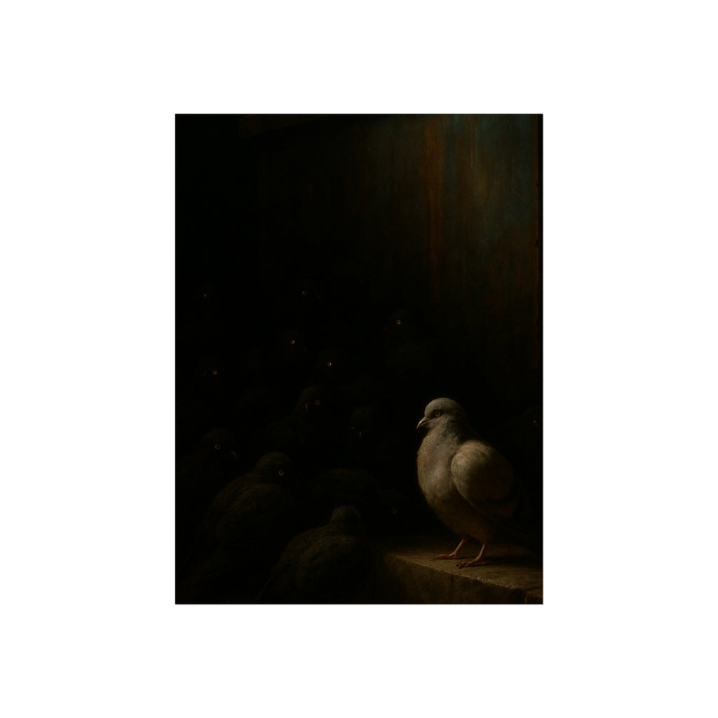A pale pigeon on a ledge, a dark flock watching from the shadows behind. The Vigil Before the Ascension by Garabaggio, fine art print hanging in a room.