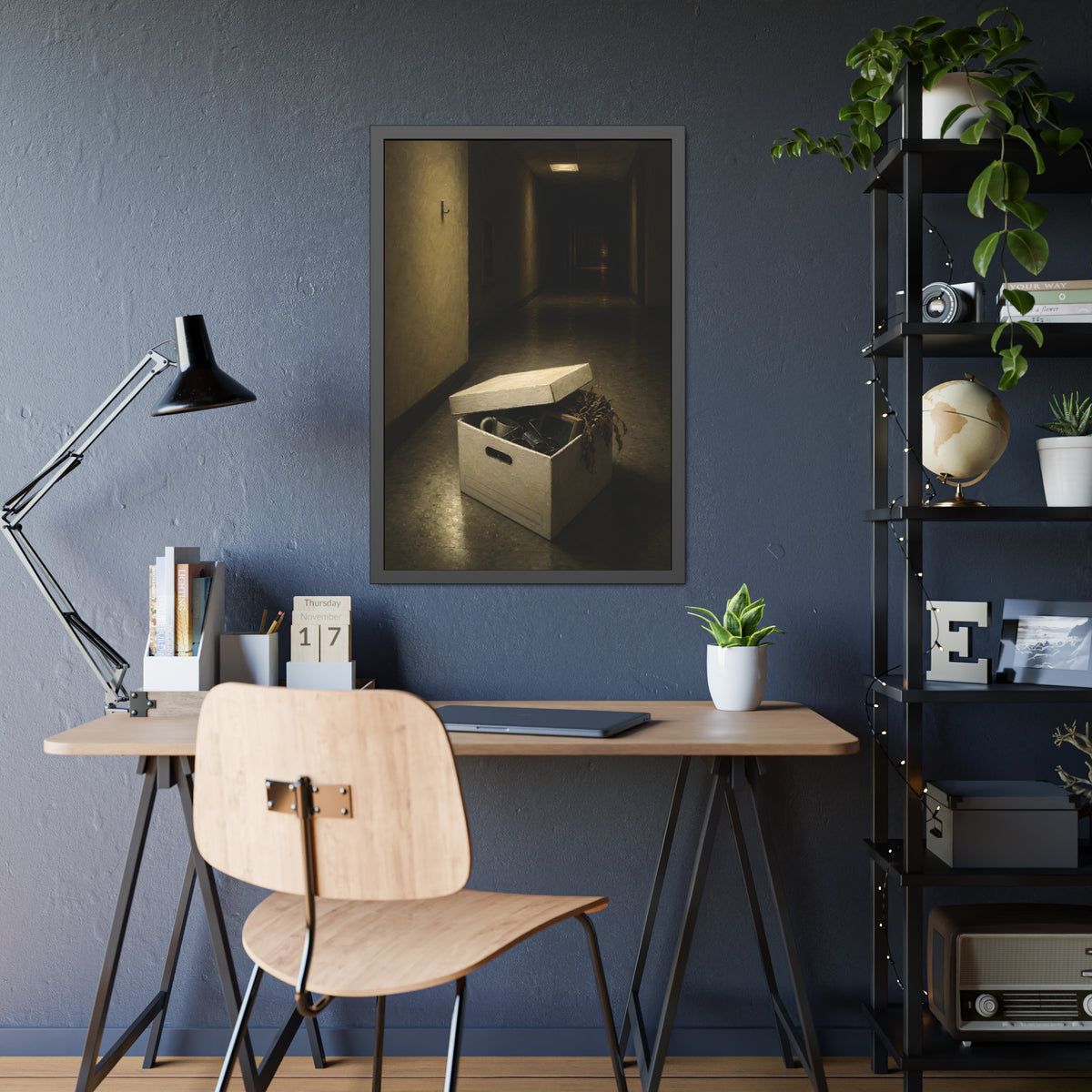 An open box of desk items on the floor of a dim office hallway. The Box of Personal Effects by Garabaggio, framed fine art print hanging in a room.