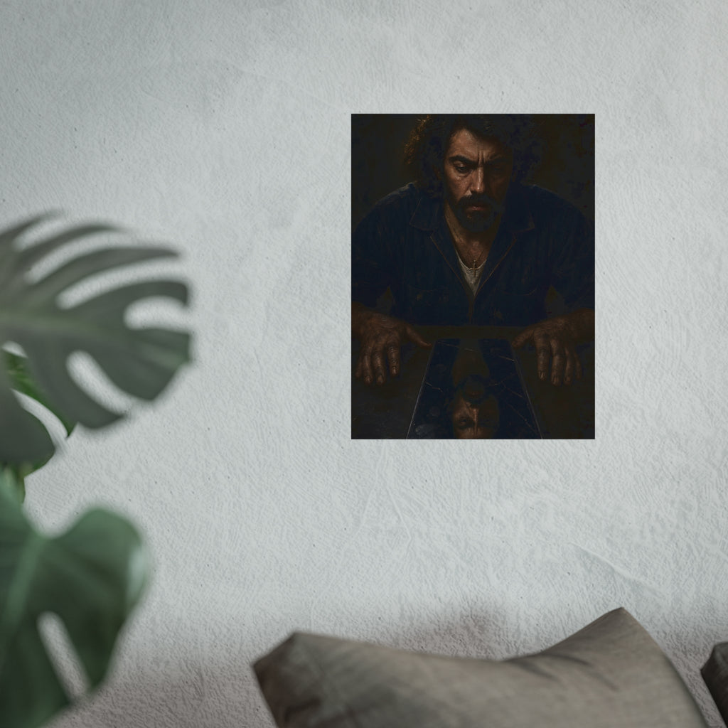 A bearded man in coveralls looking down at his face in a cracked screen. The Mirror After Midnight by Garabaggio, fine art print hanging in a room.