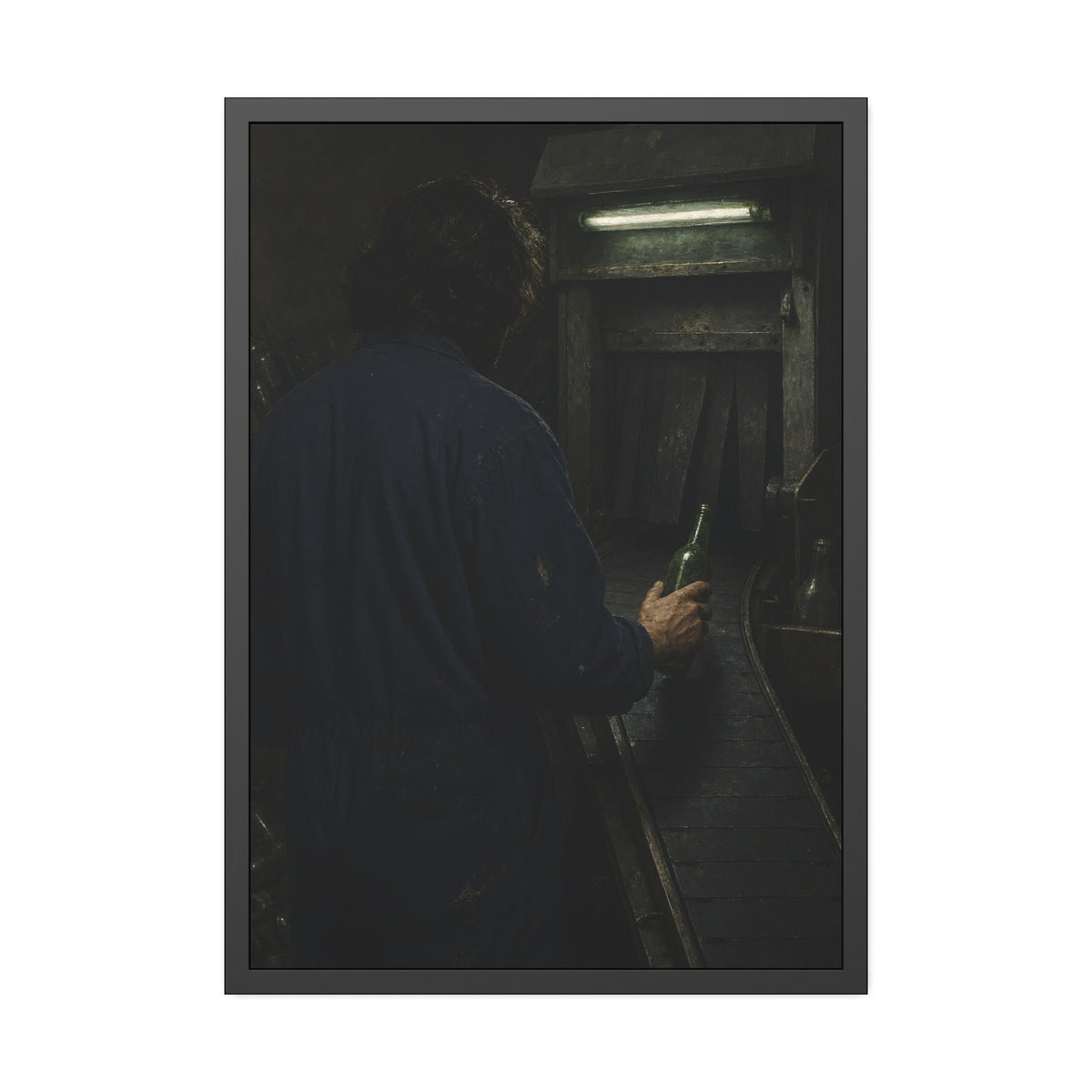 A man in coveralls sets a green bottle on a conveyor under a strip light. Garabaggio at the Conveyor by Garabaggio, framed fine art print, 28″ x 40″.