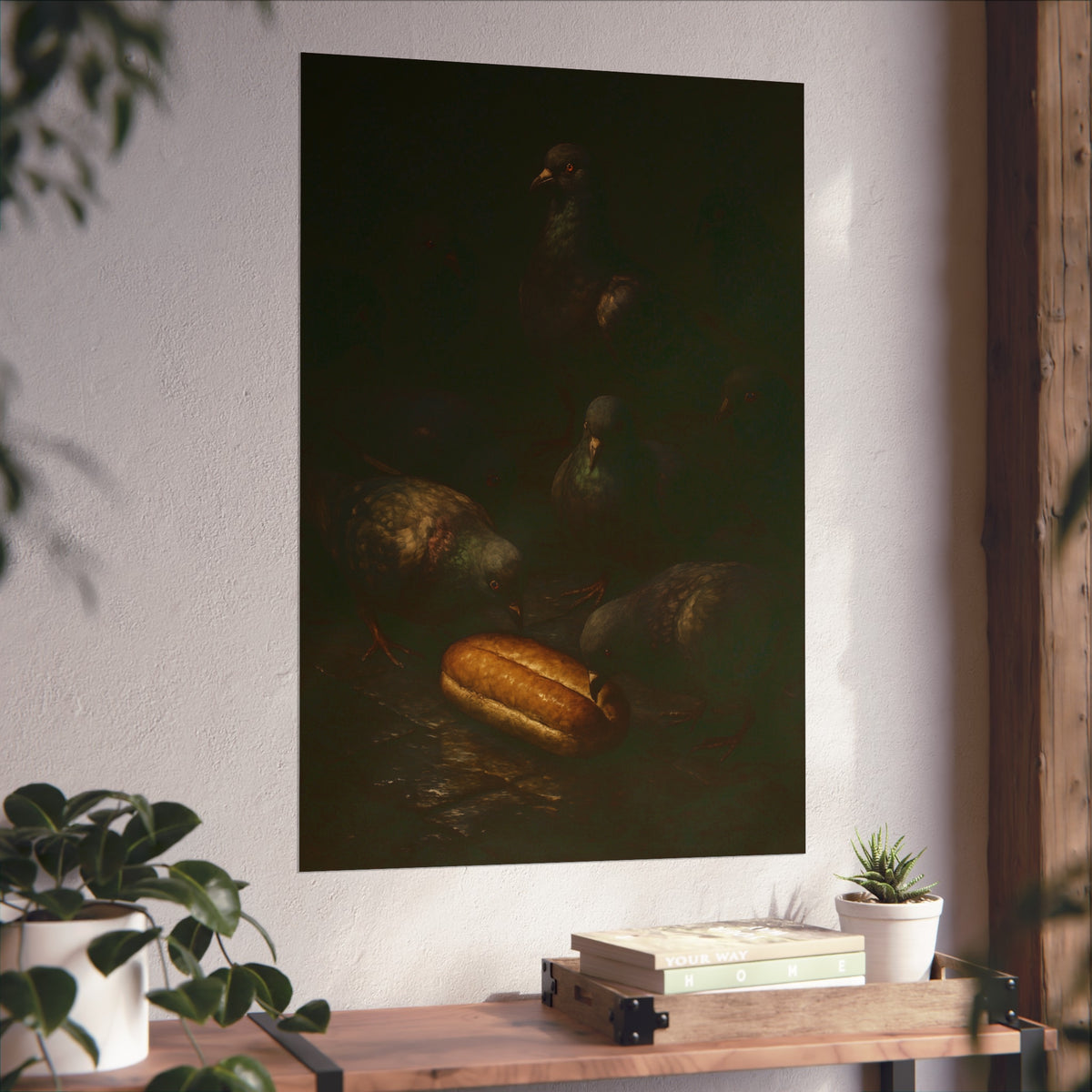 Pigeons crowding around a bread roll on dark stone paving. The Congregation at the Bun by Garabaggio, fine art print hanging in a room.
