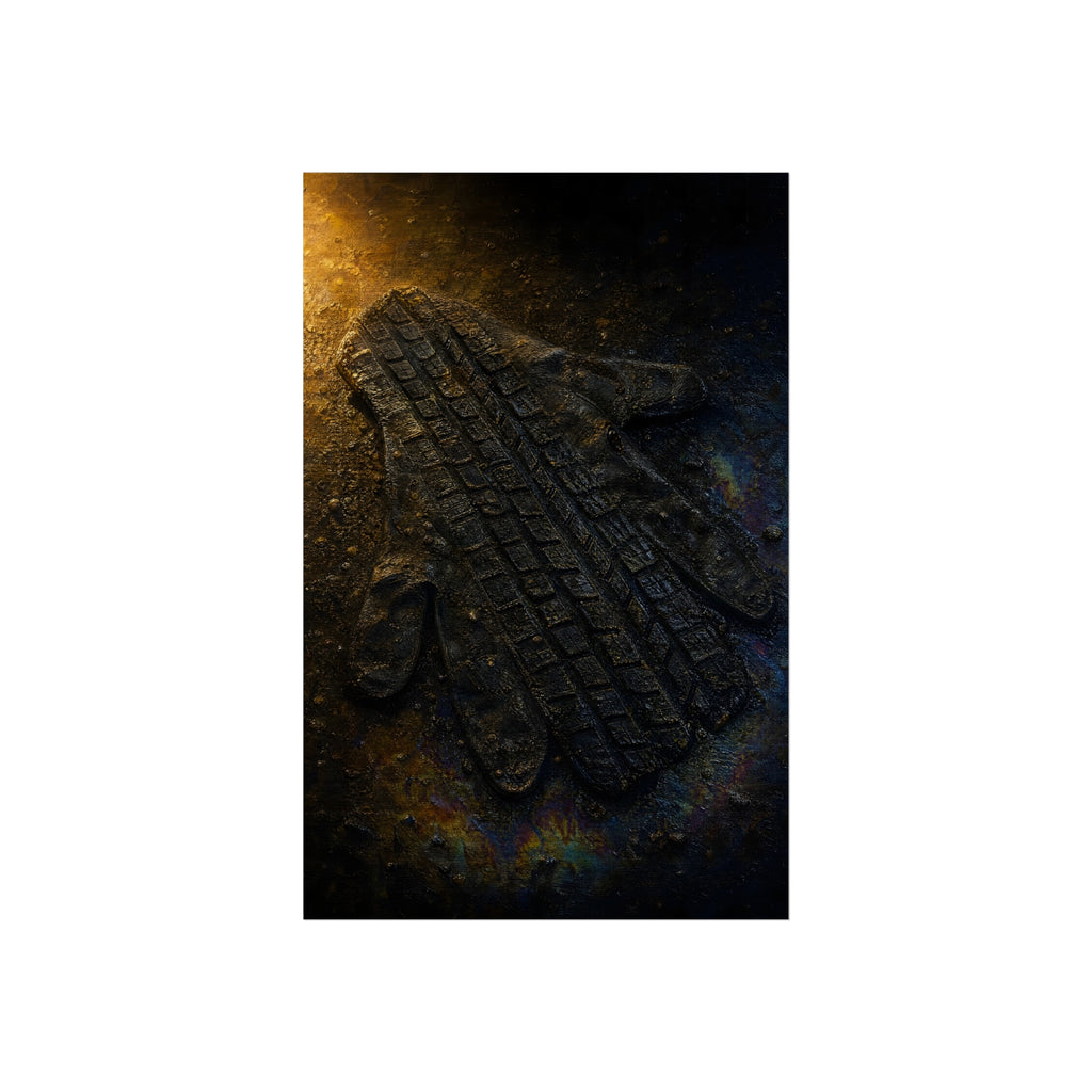 A flattened work glove on asphalt with a tire tread pressed across it. The Passage of the Wheel by Garabaggio, fine art print hanging in a room.