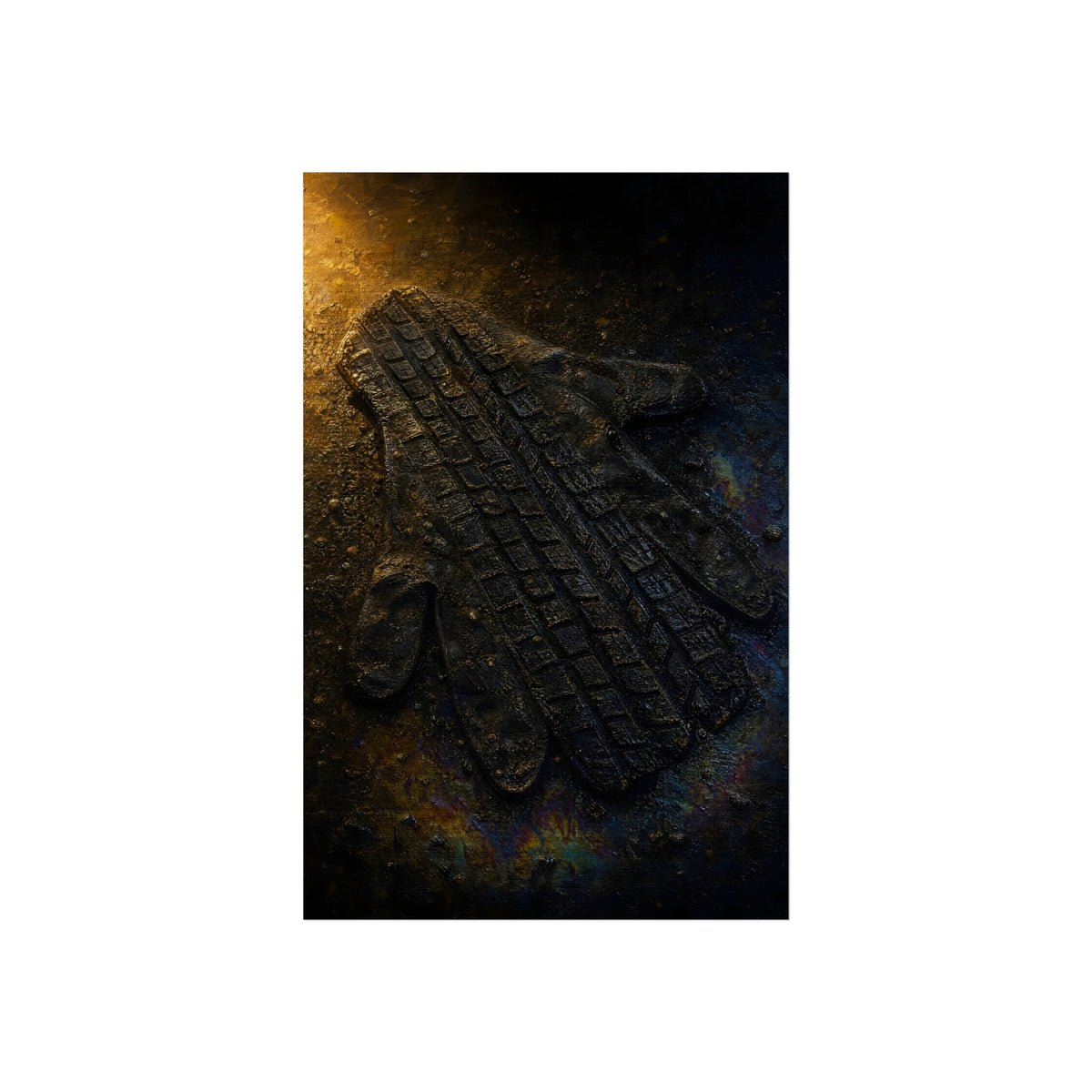 A flattened work glove on asphalt with a tire tread pressed across it. The Passage of the Wheel by Garabaggio, fine art print hanging in a room.