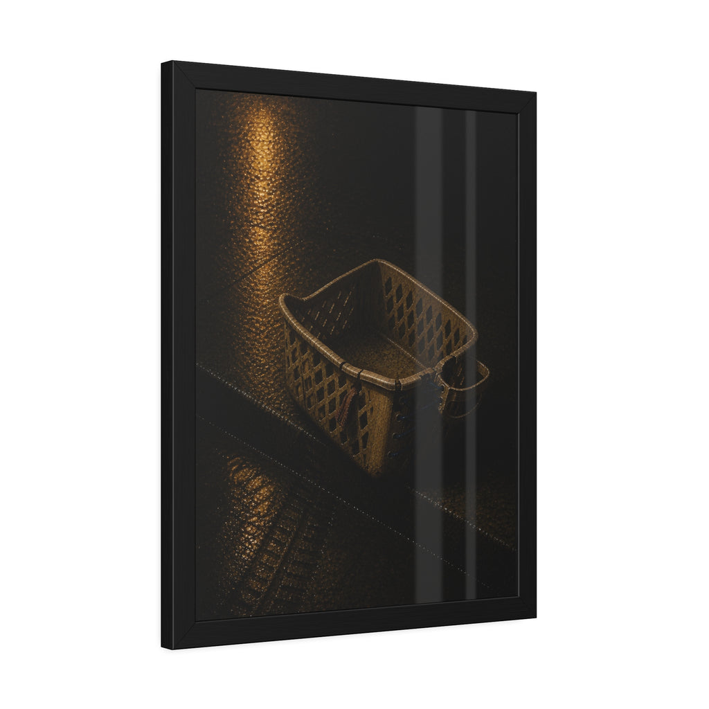 A cracked plastic laundry basket with a warped rim on wet asphalt. The Crushing of the Rim by Garabaggio, framed fine art print hanging in a room.