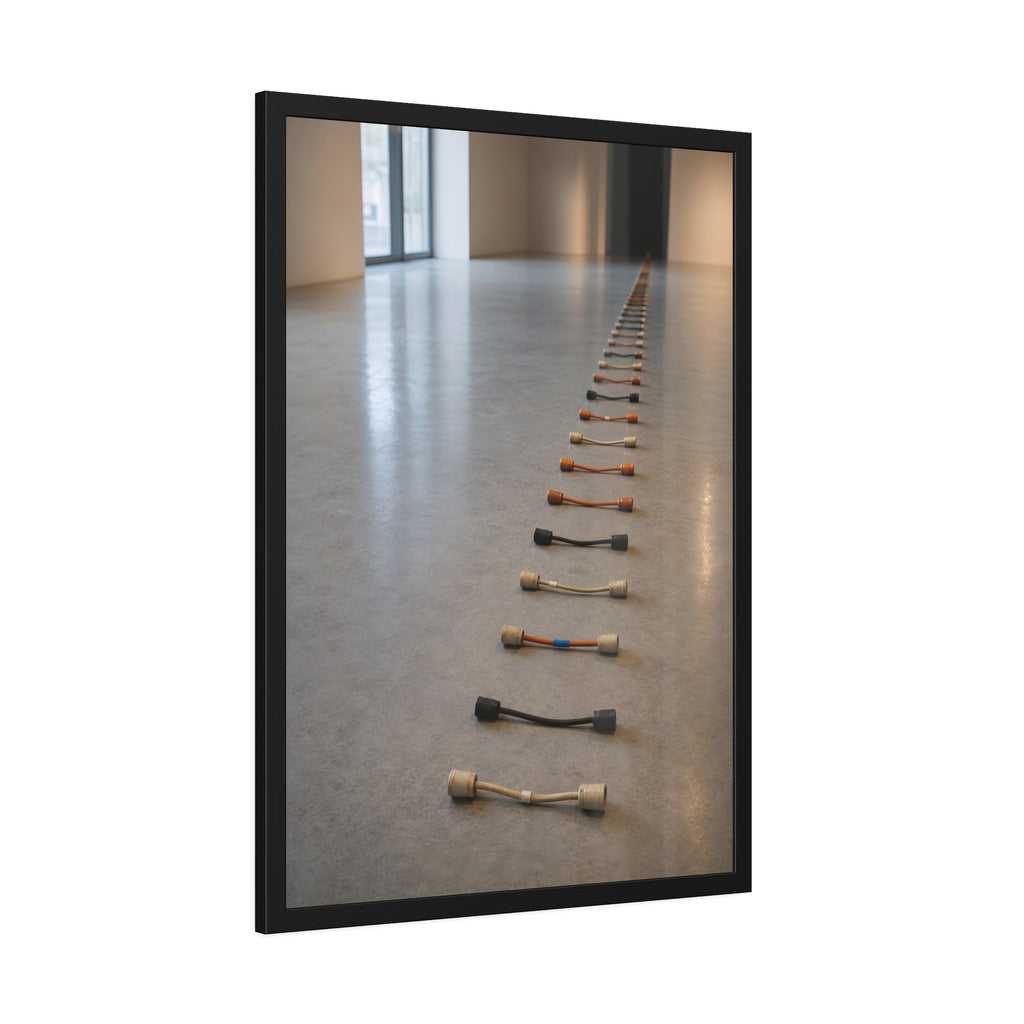 A long line of cut extension cord ends laid across a pale gallery floor. The Severed Procession by Garabaggio, framed fine art print hanging in a room.