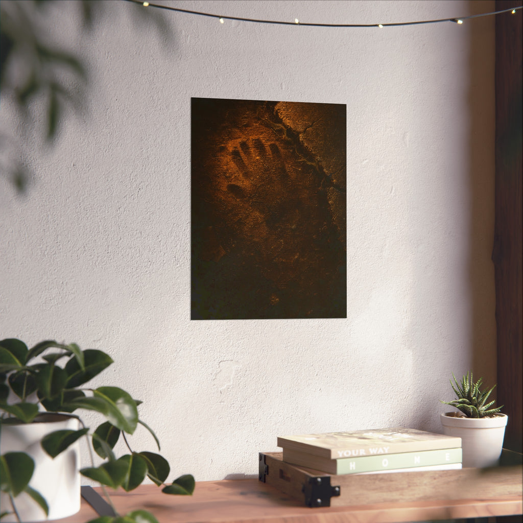 A glove shaped imprint left in cracked asphalt under warm light. The Assumption, or: What Remains by Garabaggio, fine art print hanging in a room.