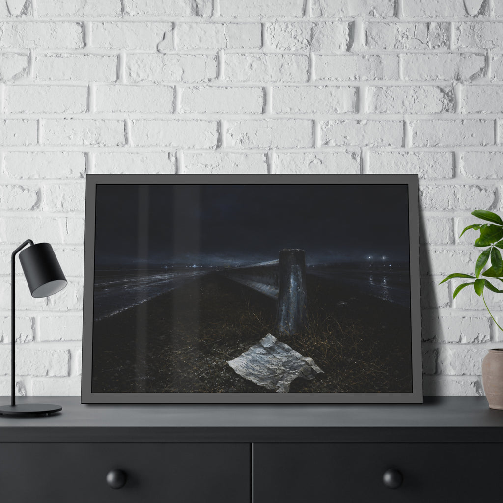 A sheet of paper on a grassy highway median beside a concrete post at night. The Resume on the Median by Garabaggio, framed fine art print hanging in a room.