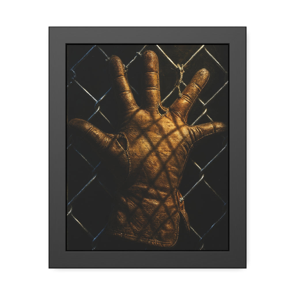 A leather work glove splayed palm out against chain-link wire. The Crucifixion on Chain-Link (Framed) by Garabaggio, framed fine art print, 11″ x 14″.