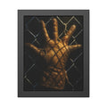 A leather work glove splayed palm out against chain-link wire. The Crucifixion on Chain-Link (Framed) by Garabaggio, framed fine art print, 11″ x 14″.