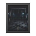 An empty swing set at night with field lights glowing behind it. The Ninth Hour: The Seat Still Moving by Garabaggio, framed fine art print, 11″ x 14″.