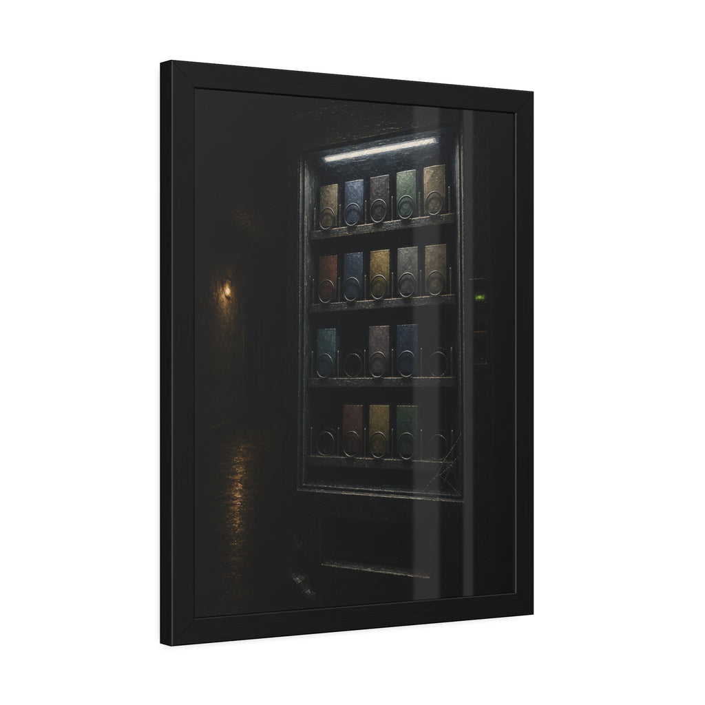 A vending machine with gaps in its rows lighting an empty hallway. The Gaps Spread by Garabaggio, framed fine art print hanging in a room.