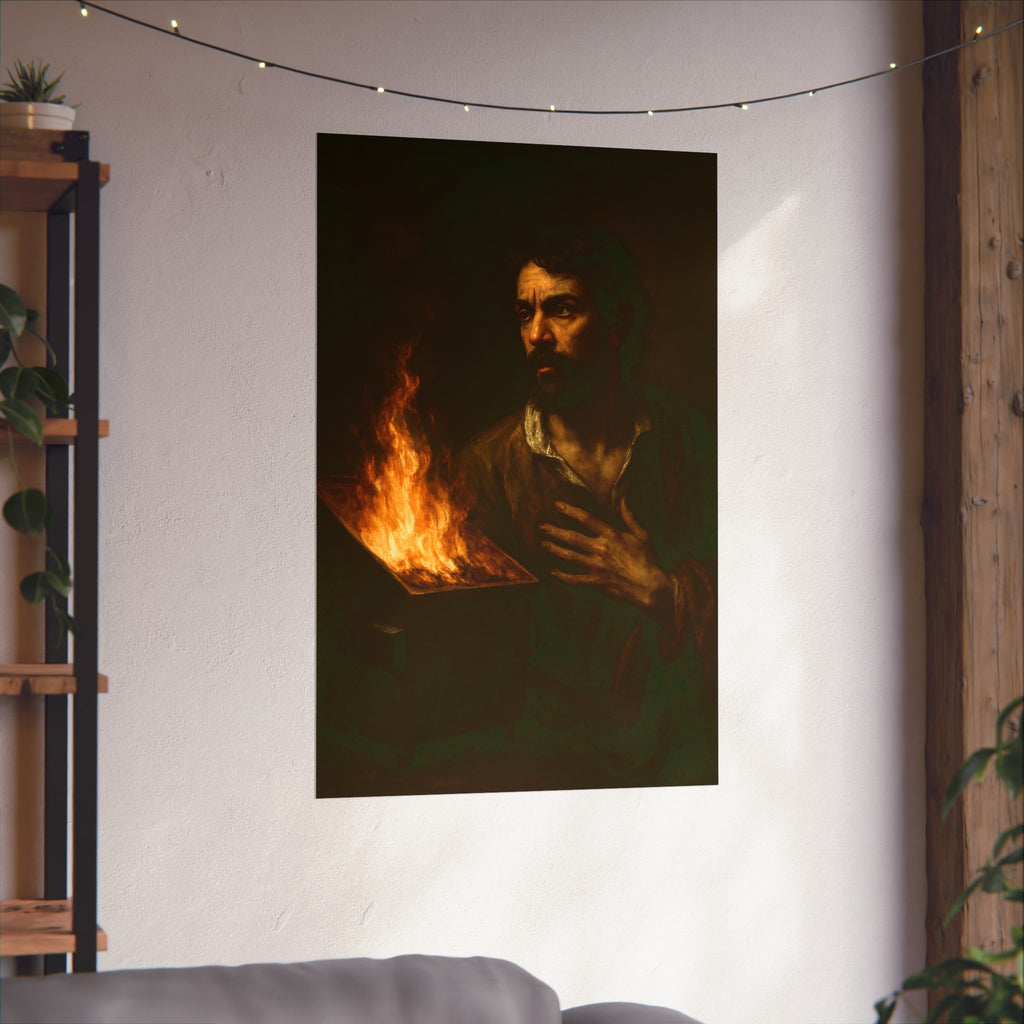 Man with a hand flat on his chest looking toward a low burning bin. Self-Portrait with Oath by Garabaggio, fine art print hanging in a room.