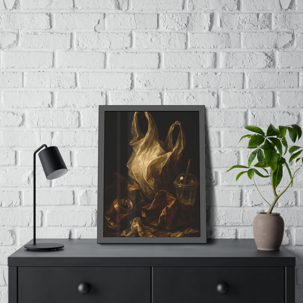 A plastic bag held open above a crushed can and a plastic cup with straw. The Apparition of the Bag by Garabaggio, framed fine art print hanging in a room.