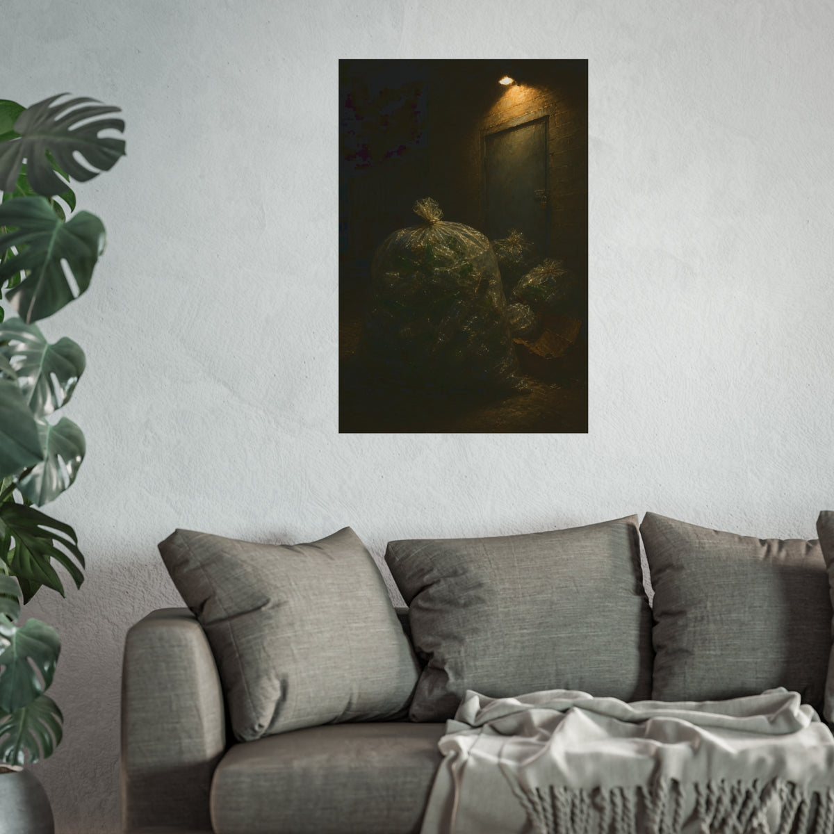 Clear bags of empty bottles piled by a padlocked door under a wall lamp. The Gathering of Empties by Garabaggio, fine art print hanging in a room.