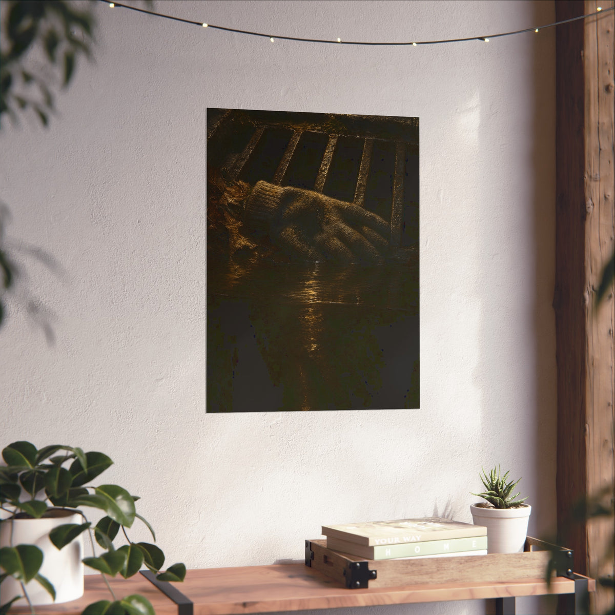 A single work glove on a storm drain grate above dark standing water. The Descent Into the Drain by Garabaggio, fine art print hanging in a room.