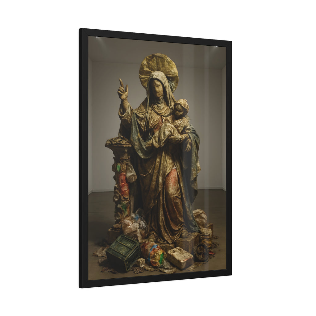 A standing veiled figure holding a child, refuse piled around the base. The Virgin of the Landfill by Garabaggio, framed fine art print hanging in a room.