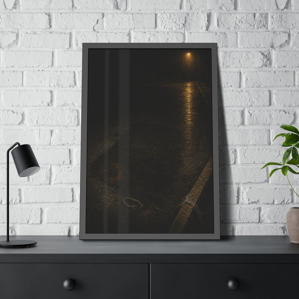 A rectangular stain on wet asphalt where something lay, under a streetlamp. The Stain After Removal by Garabaggio, framed fine art print hanging in a room.