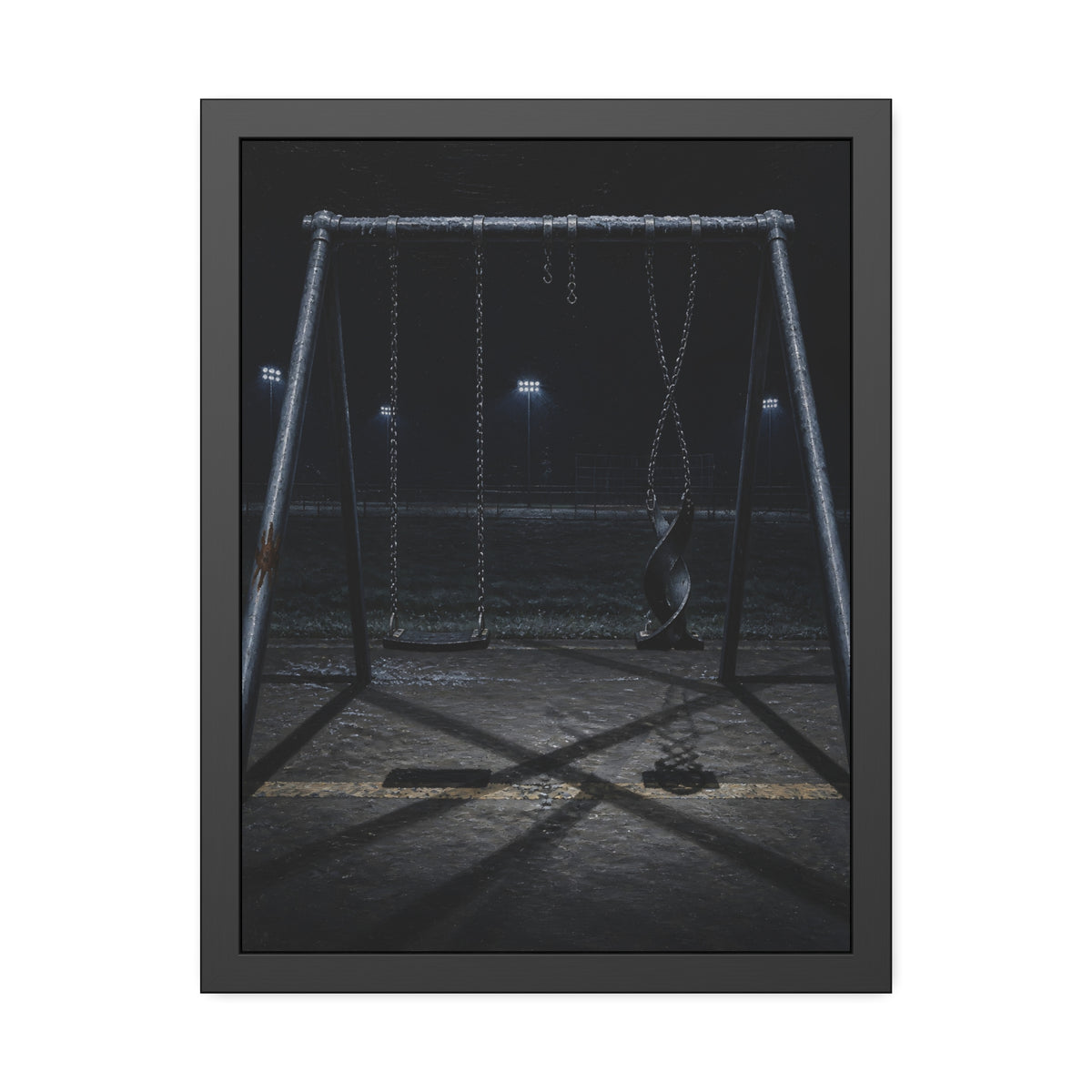 An empty swing set at night with one seat twisted up on its chains. The First Hour: The Twisted Seat by Garabaggio, framed fine art print, 18″ x 24″.