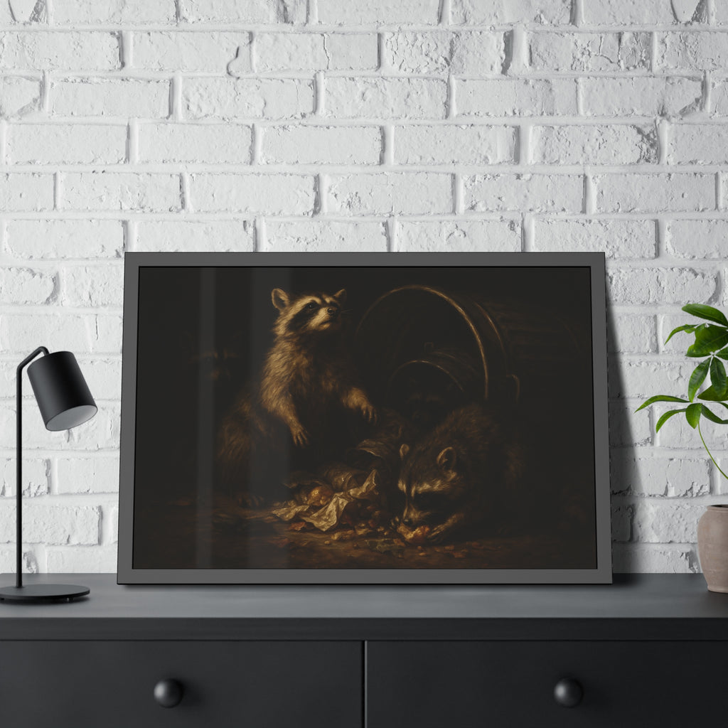 Raccoons feeding on scraps around a tipped metal trash can in the dark. The Calling of St. Trash by Garabaggio, framed fine art print hanging in a room.