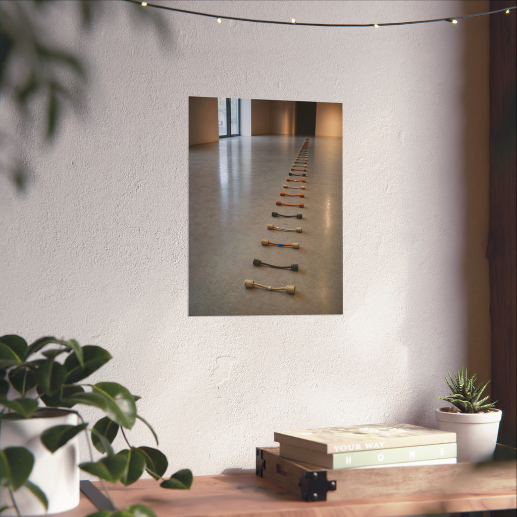 A long line of cut extension cord ends laid across a pale gallery floor. The Severed Procession by Garabaggio, fine art print hanging in a room.