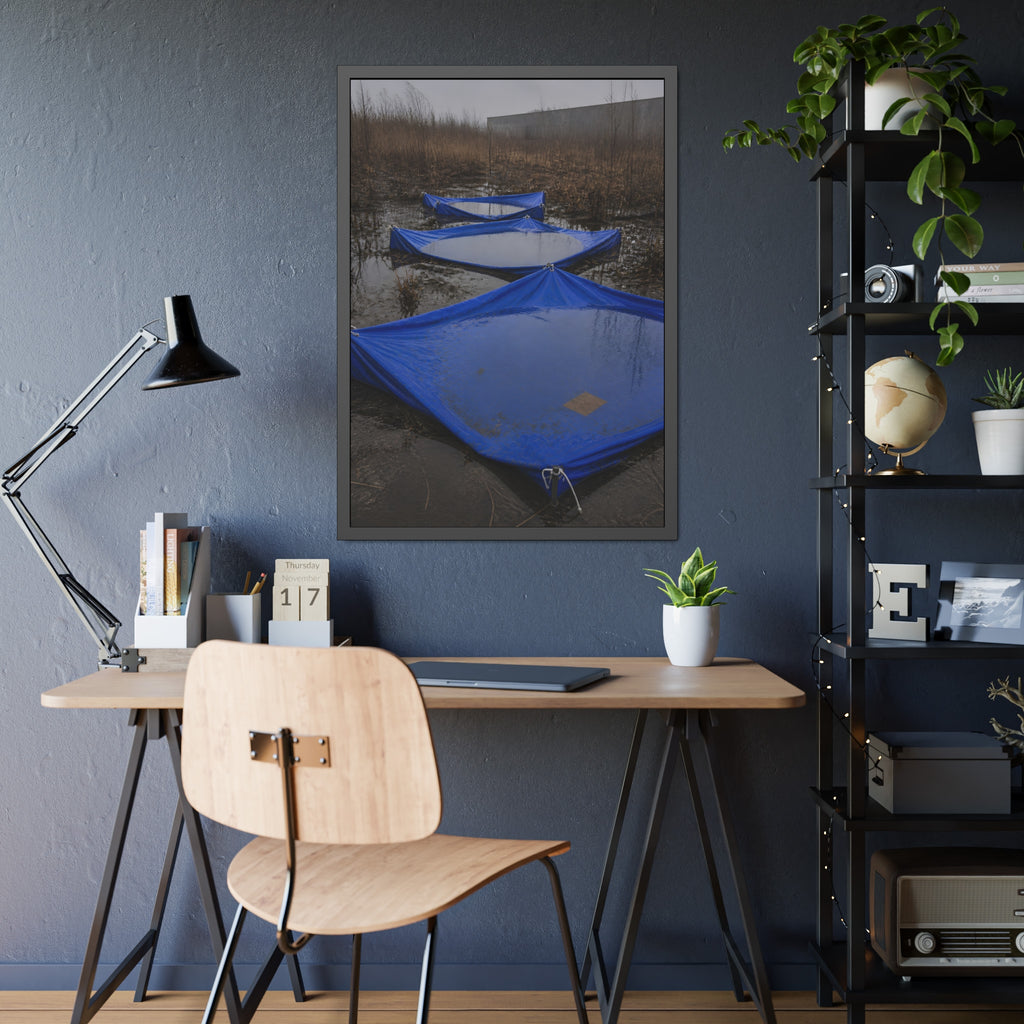 Three blue tarps holding pooled rainwater in a weedy vacant lot. Flooded in the Vacant Lot by Garabaggio, framed fine art print hanging in a room.
