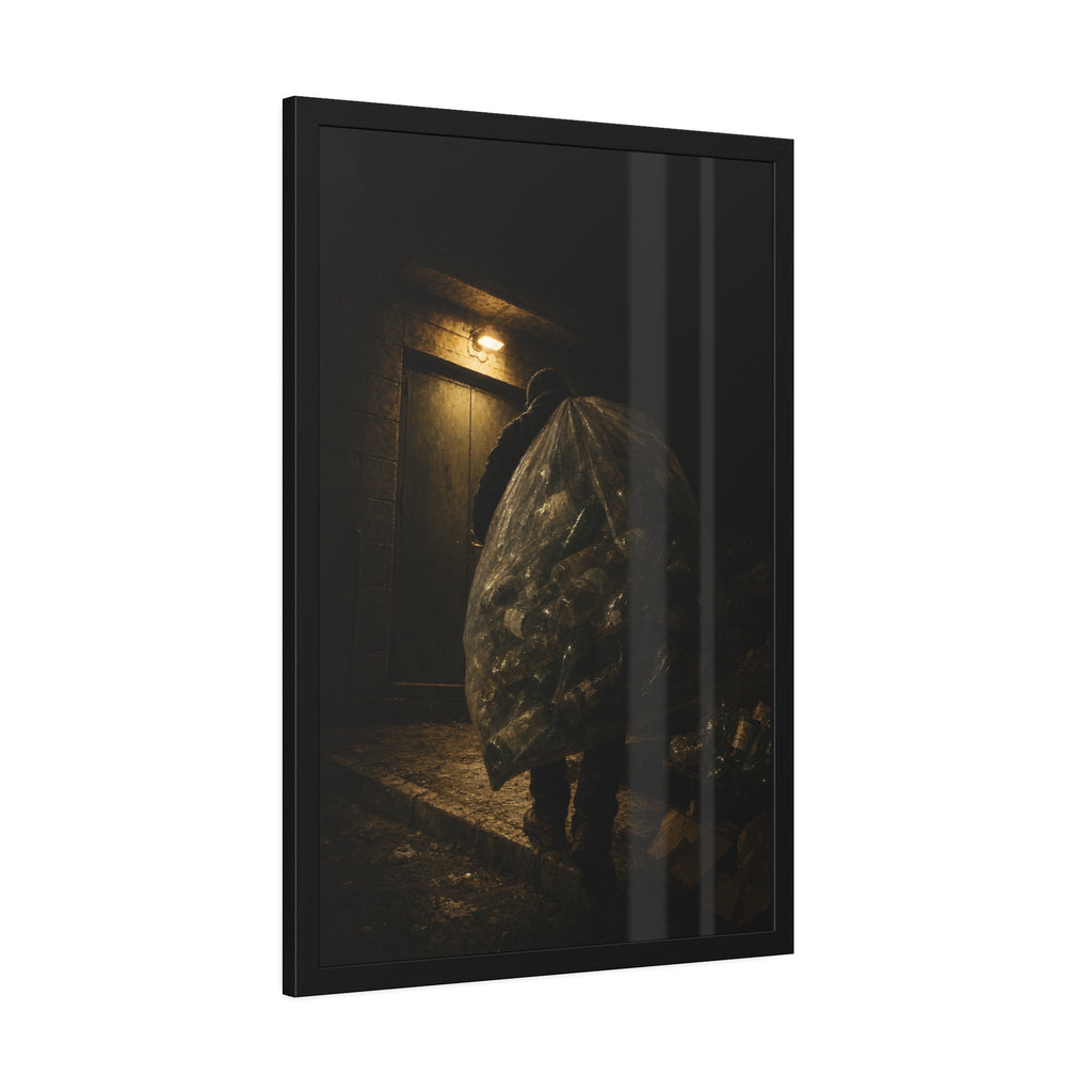 A man carrying a huge bag of bottles past a lit doorway at night. The Bag Carried Before Dawn by Garabaggio, framed fine art print hanging in a room.