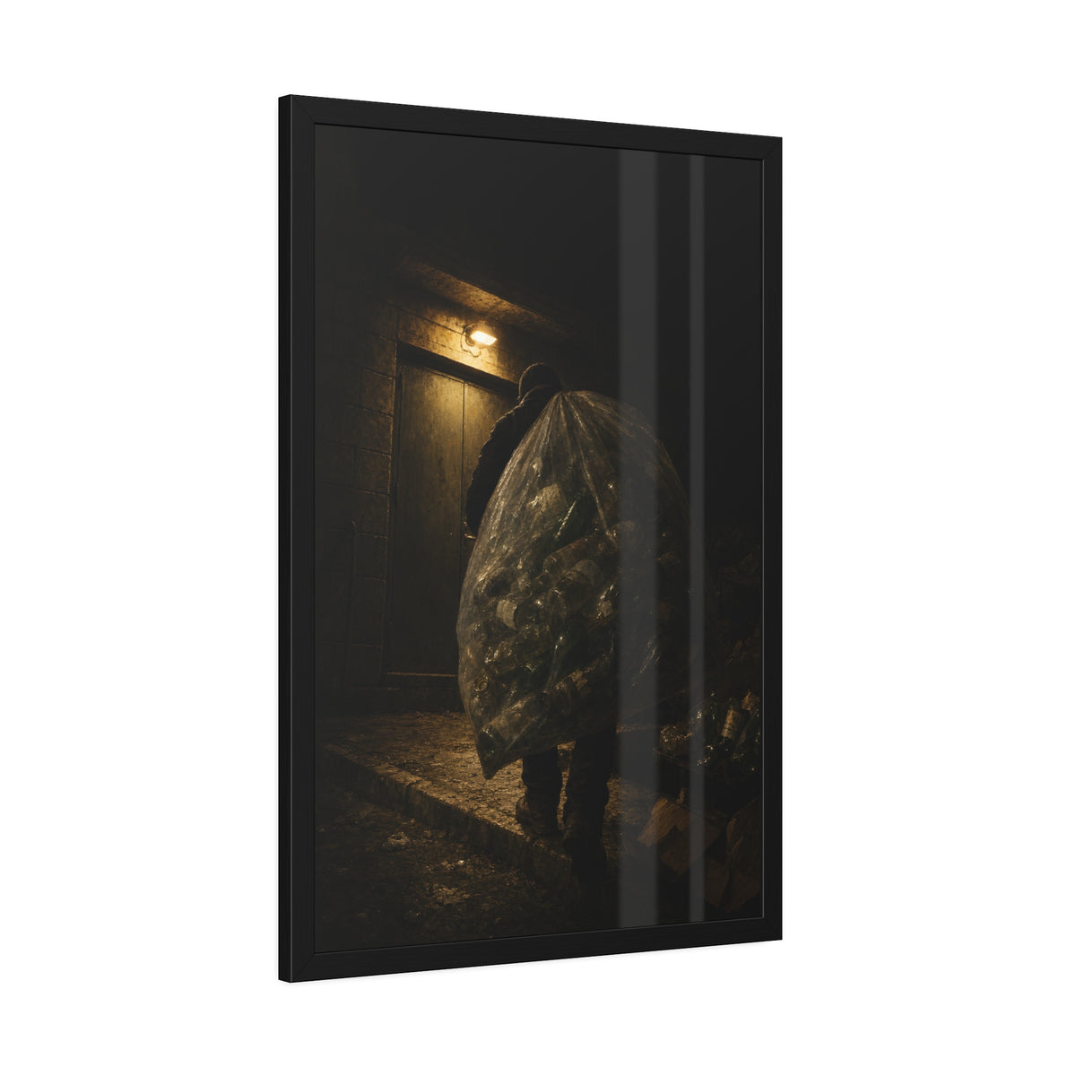 A man carrying a huge bag of bottles past a lit doorway at night. The Bag Carried Before Dawn by Garabaggio, framed fine art print hanging in a room.