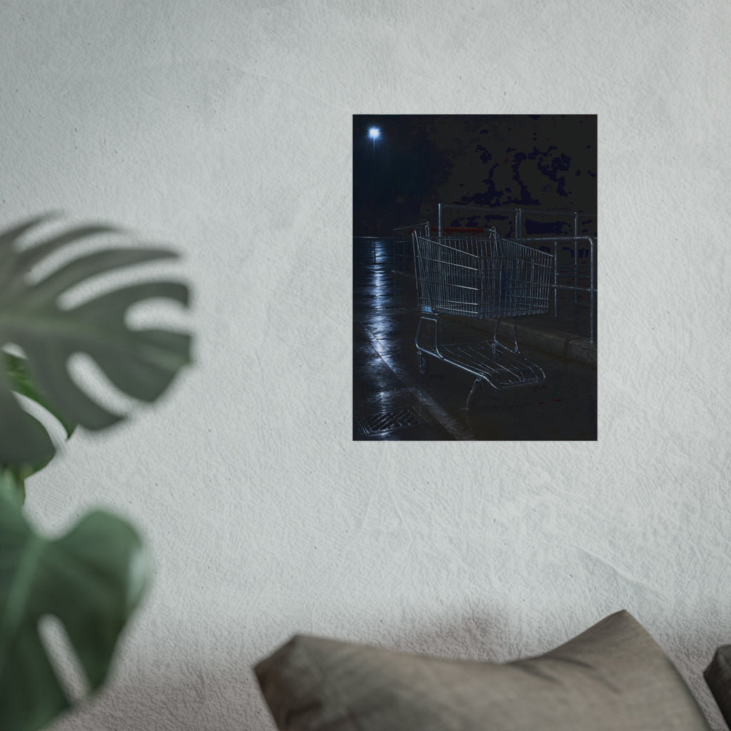A shopping cart beside its corral on wet asphalt under a lot light. The Cart at the Corral by Garabaggio, fine art print hanging in a room.