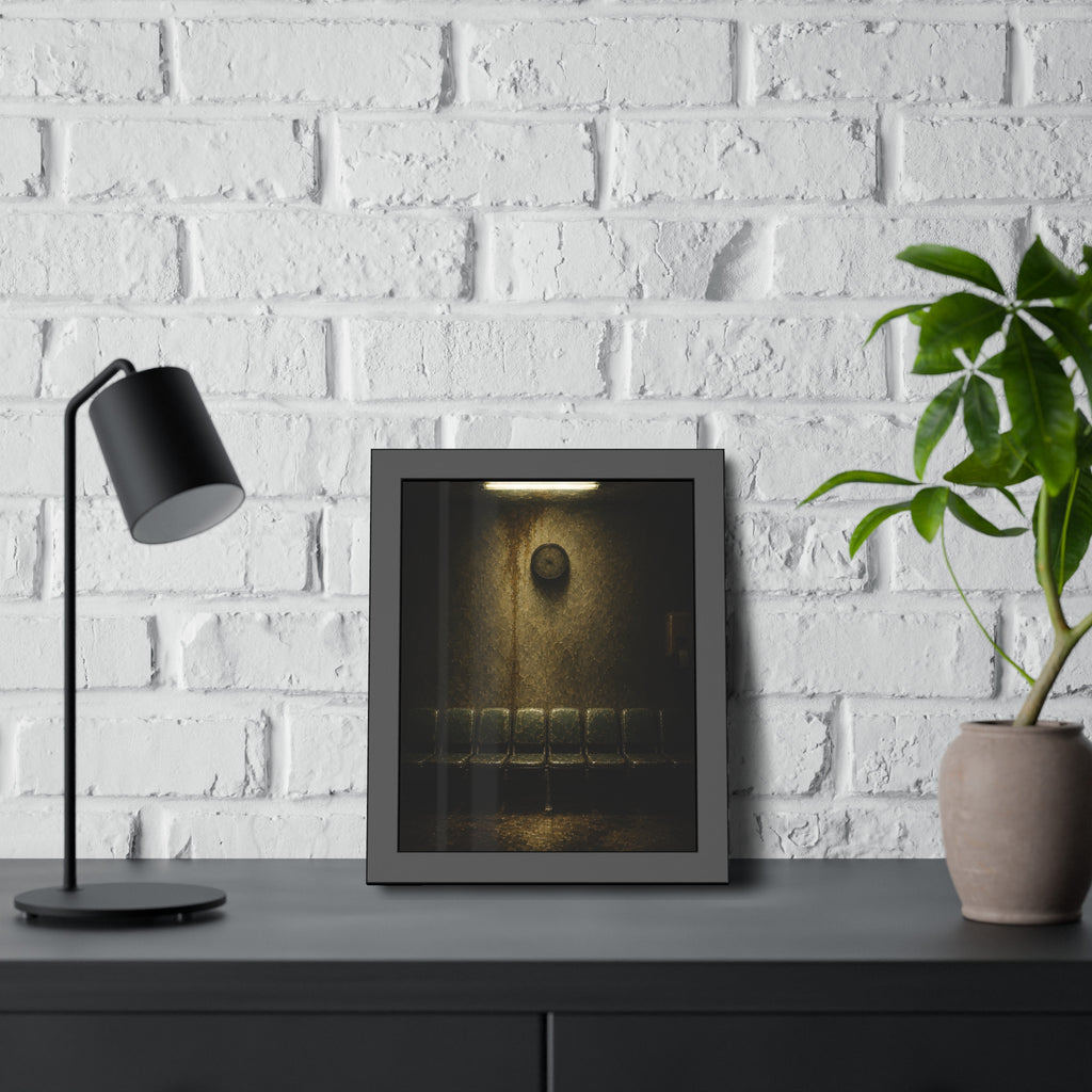 Eight worn seats in a row under a wall clock and one fluorescent tube. Eight Seats and a Clock by Garabaggio, framed fine art print hanging in a room.