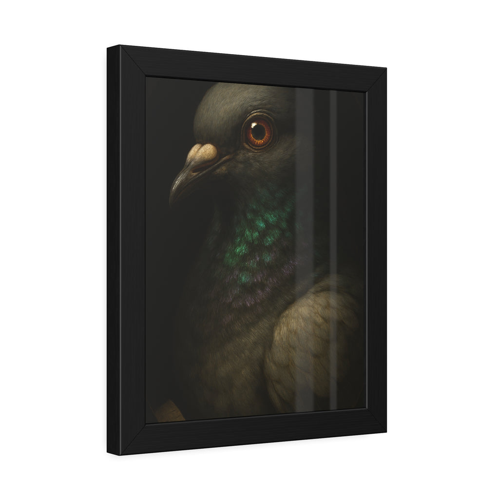 Close portrait of a pigeon with an iridescent green throat. Study of the Holy Messenger, No. 1 by Garabaggio, framed fine art print hanging in a room.