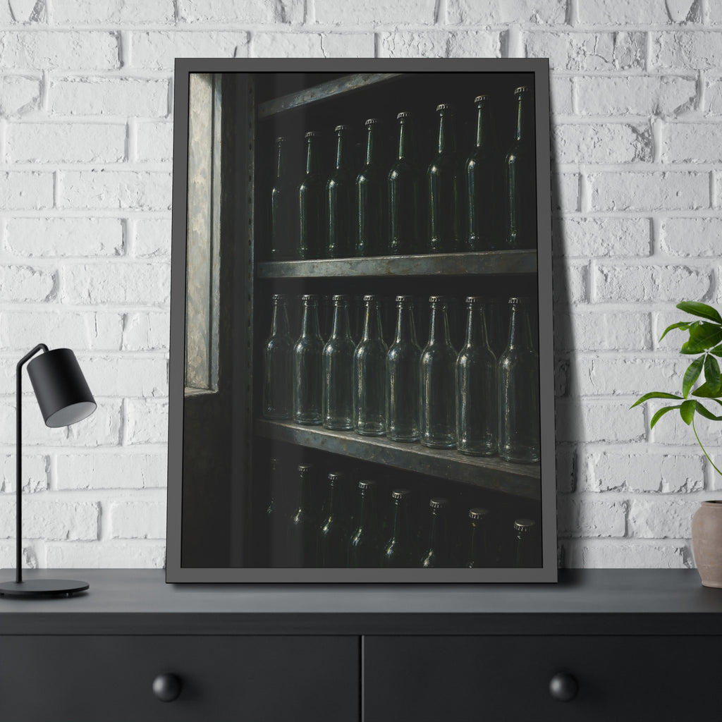 Rows of empty bottles on dim metal shelves, green above and clear below. The Shelf of New Bottles by Garabaggio, framed fine art print hanging in a room.