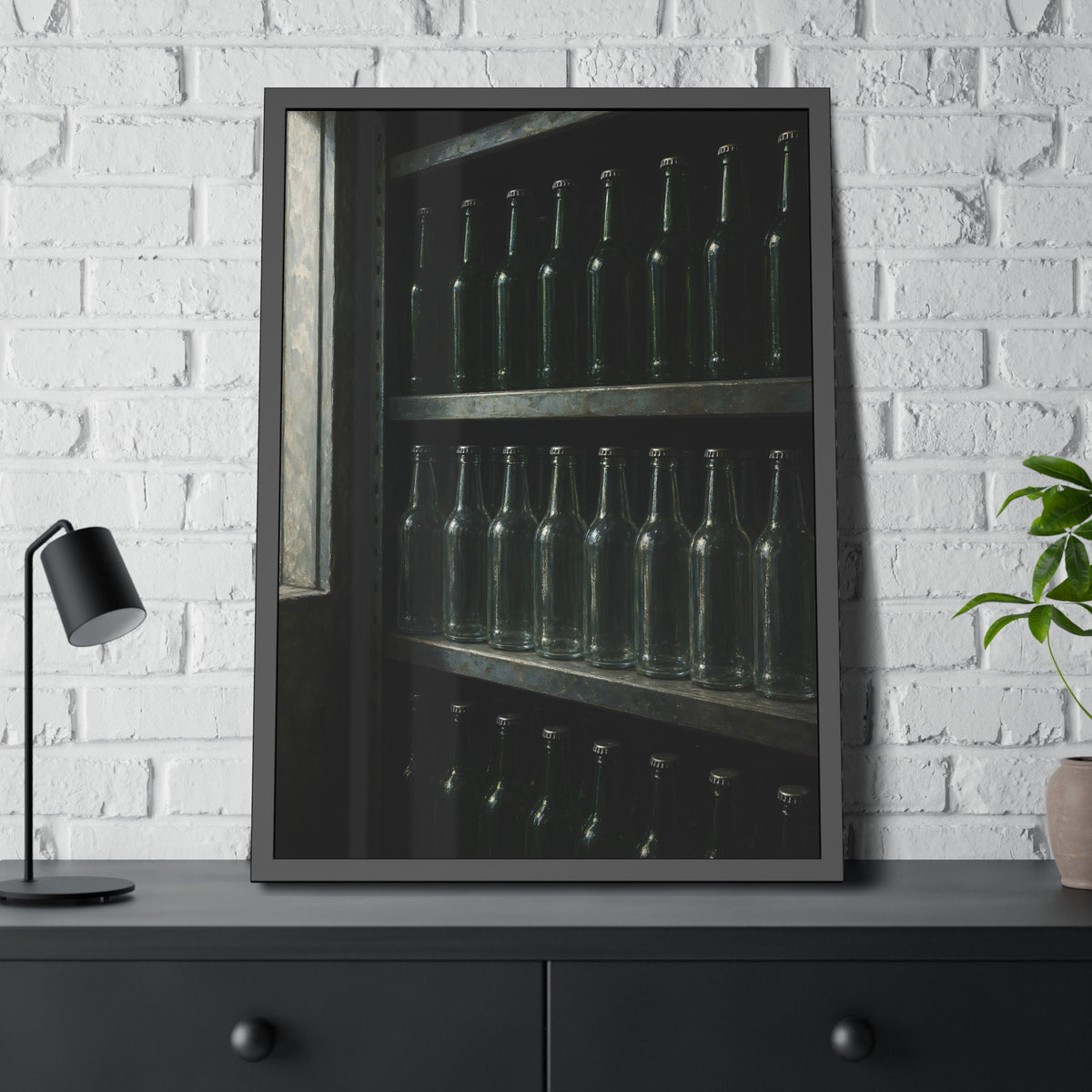 Rows of empty bottles on dim metal shelves, green above and clear below. The Shelf of New Bottles by Garabaggio, framed fine art print hanging in a room.