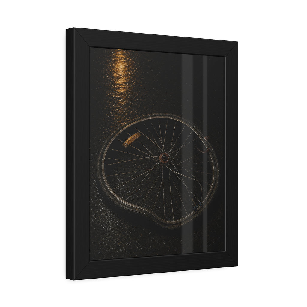 A buckled bicycle wheel on wet asphalt beneath a streetlight reflection. The Bend from Impact by Garabaggio, framed fine art print hanging in a room.