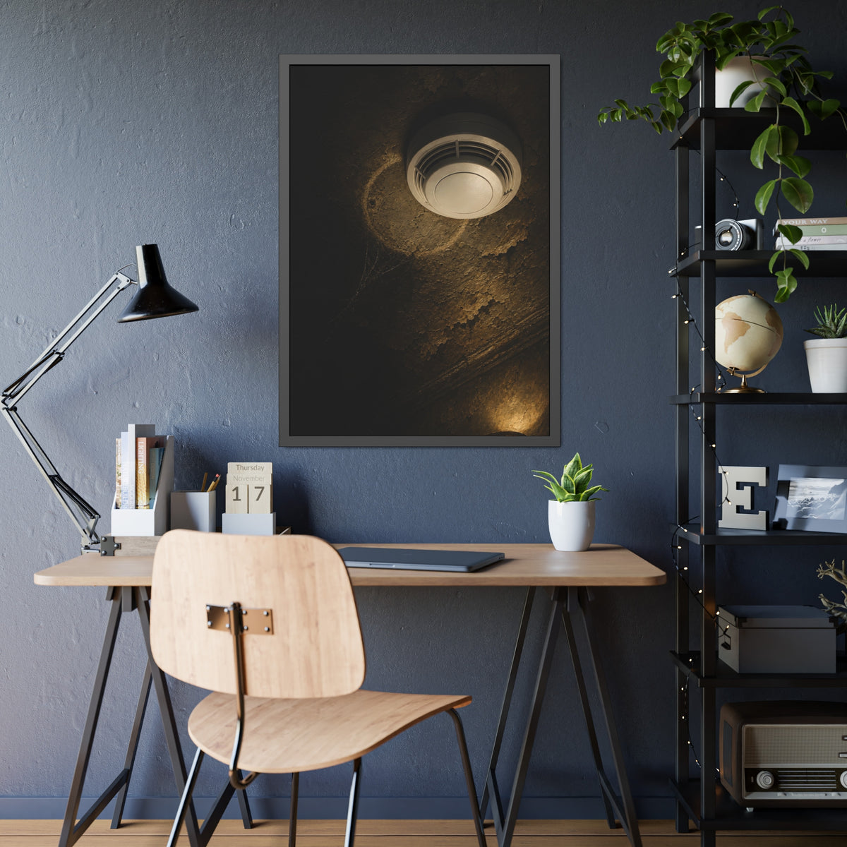 A new smoke detector on a stained ceiling next to an old mounting ring. The New Detector by Garabaggio, framed fine art print hanging in a room.