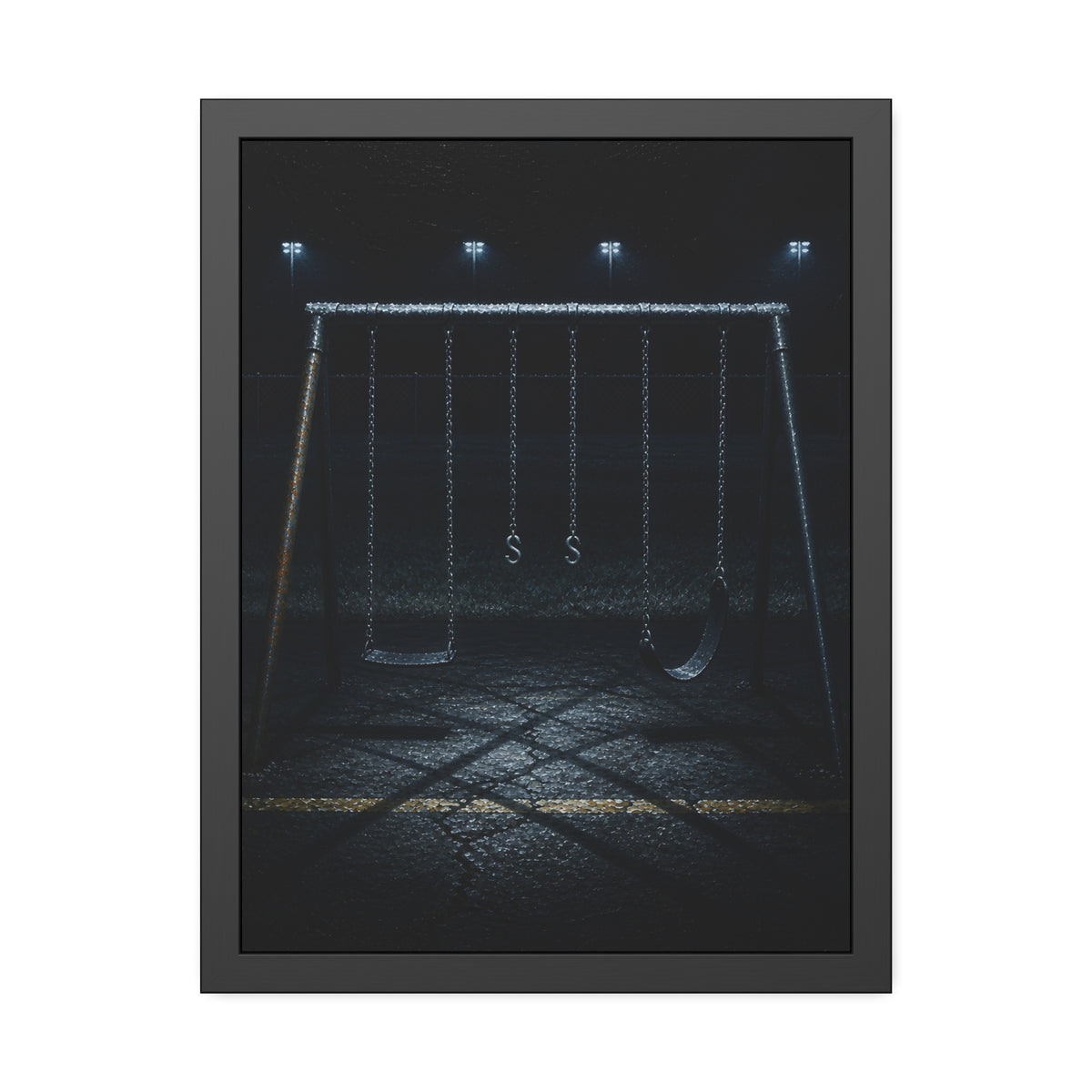 An empty swing set at night, chains still, floodlights far behind it. The Tenth Hour: The Chains Settle by Garabaggio, framed fine art print, 18″ x 24″.