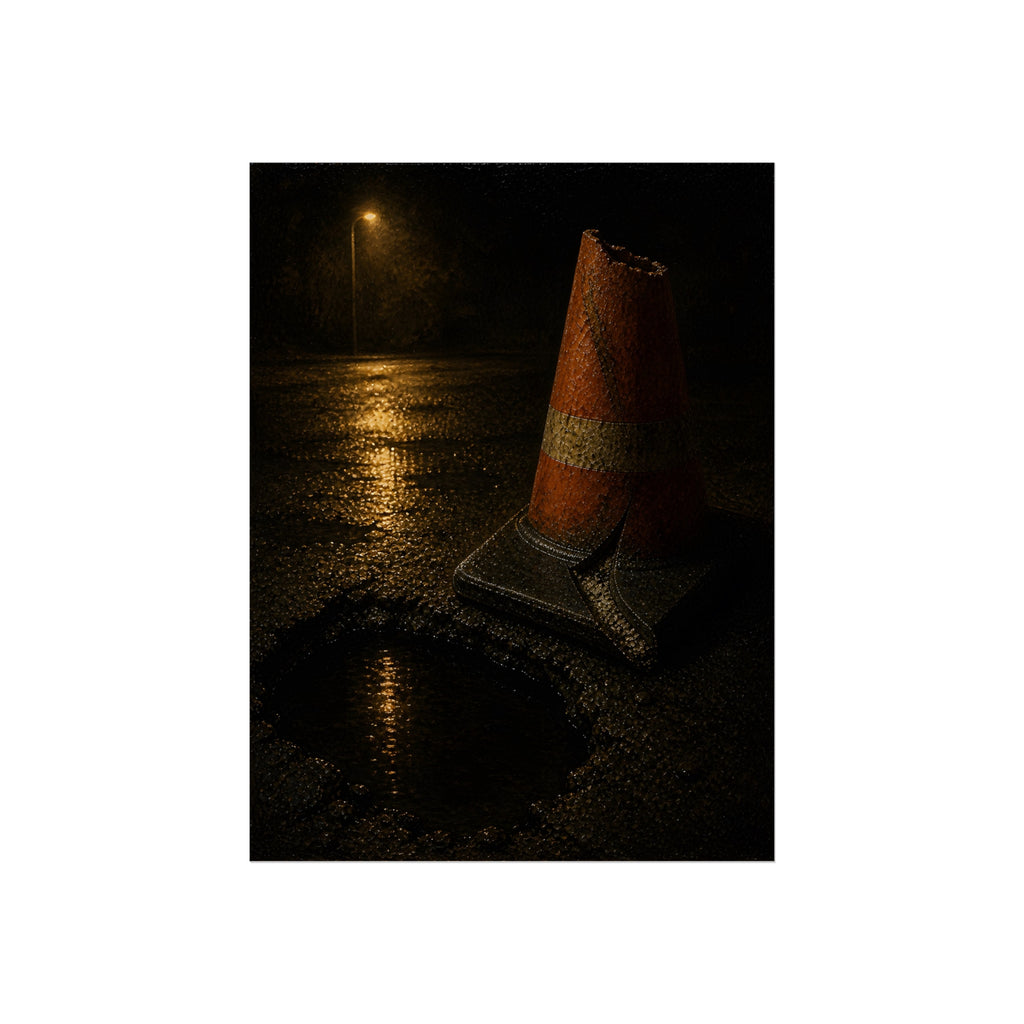 A traffic cone beside a water filled pothole reflecting a street lamp. The Sentinel of the Pothole by Garabaggio, fine art print, 12″ x 16″.