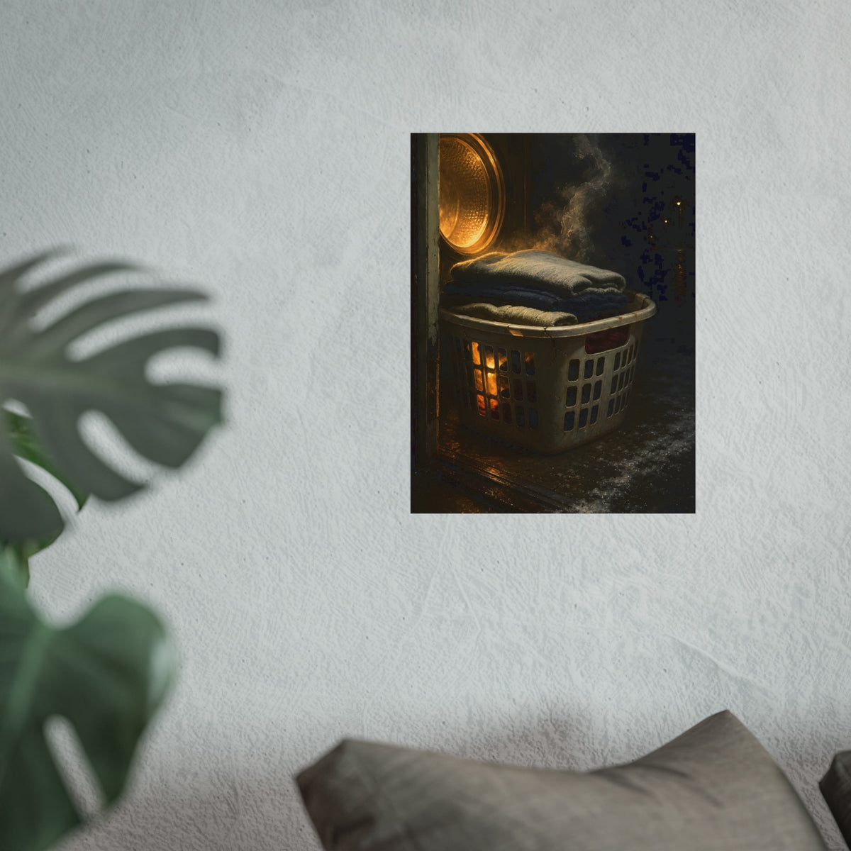 A laundry basket of folded clothes glowing in front of an open dryer. The Warm Clothes Against the Cold by Garabaggio, fine art print hanging in a room.