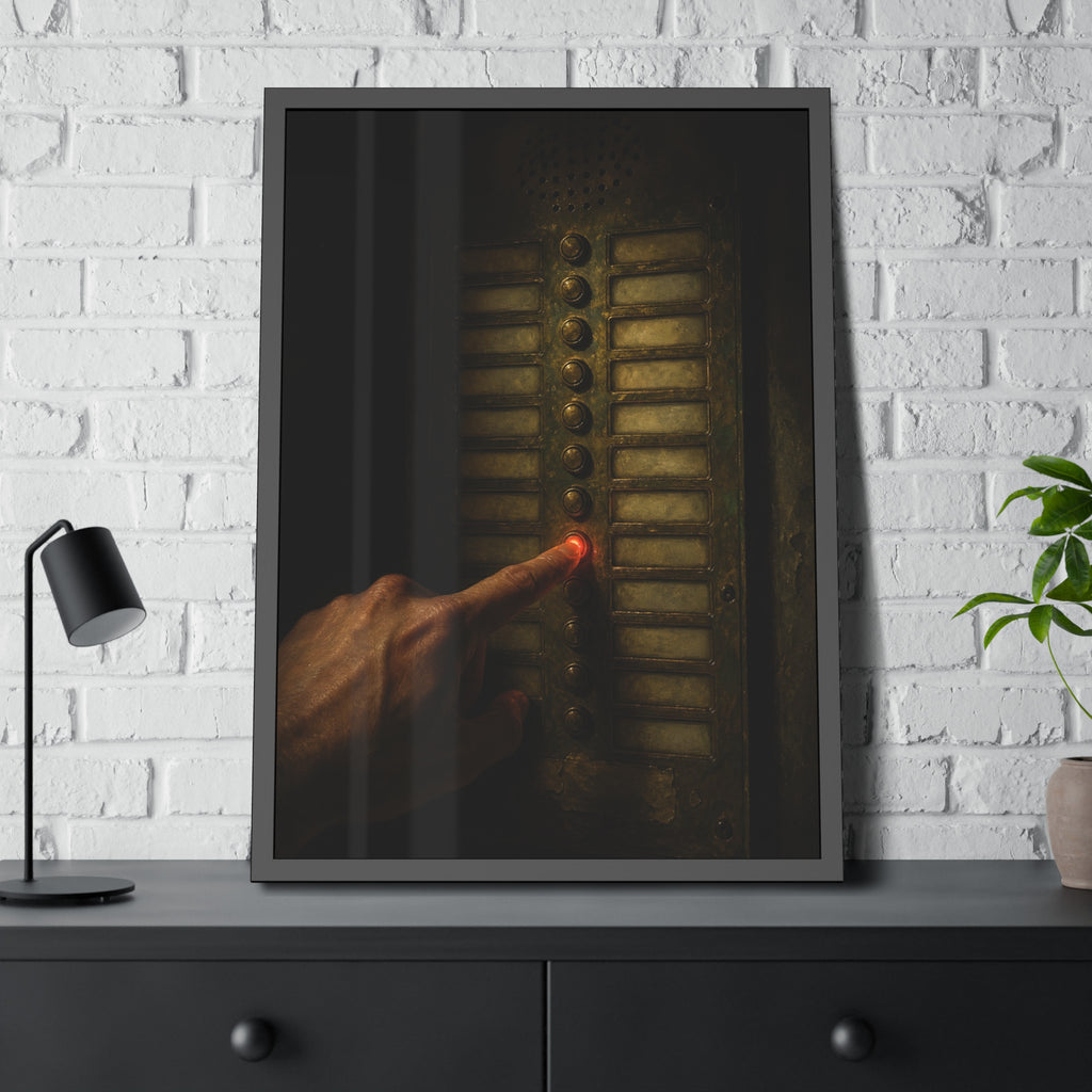 A hand pressing one glowing red button on a worn intercom panel. The Finger at Midnight by Garabaggio, framed fine art print hanging in a room.