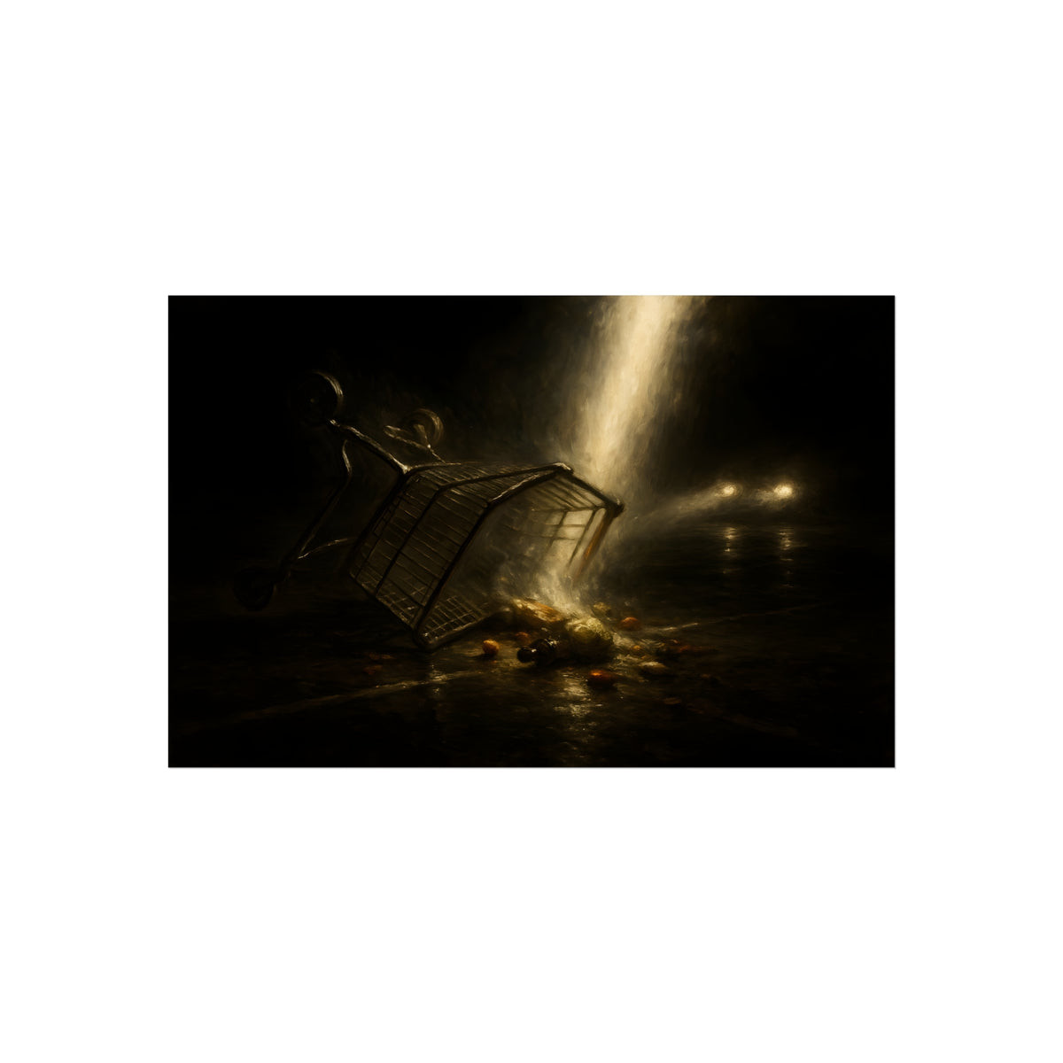 A tipped shopping cart spilling groceries in a shaft of light. The Conversion of the Shopping Cart by Garabaggio, fine art print hanging in a room.