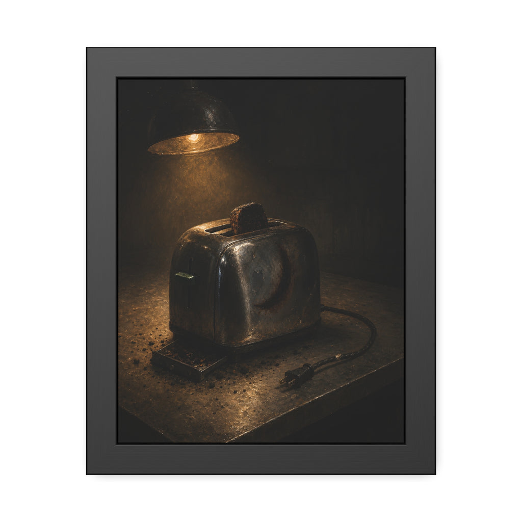A scorched toaster under a work lamp, burnt toast standing in its slot. The Table of Examination by Garabaggio, framed fine art print, 11″ x 14″.