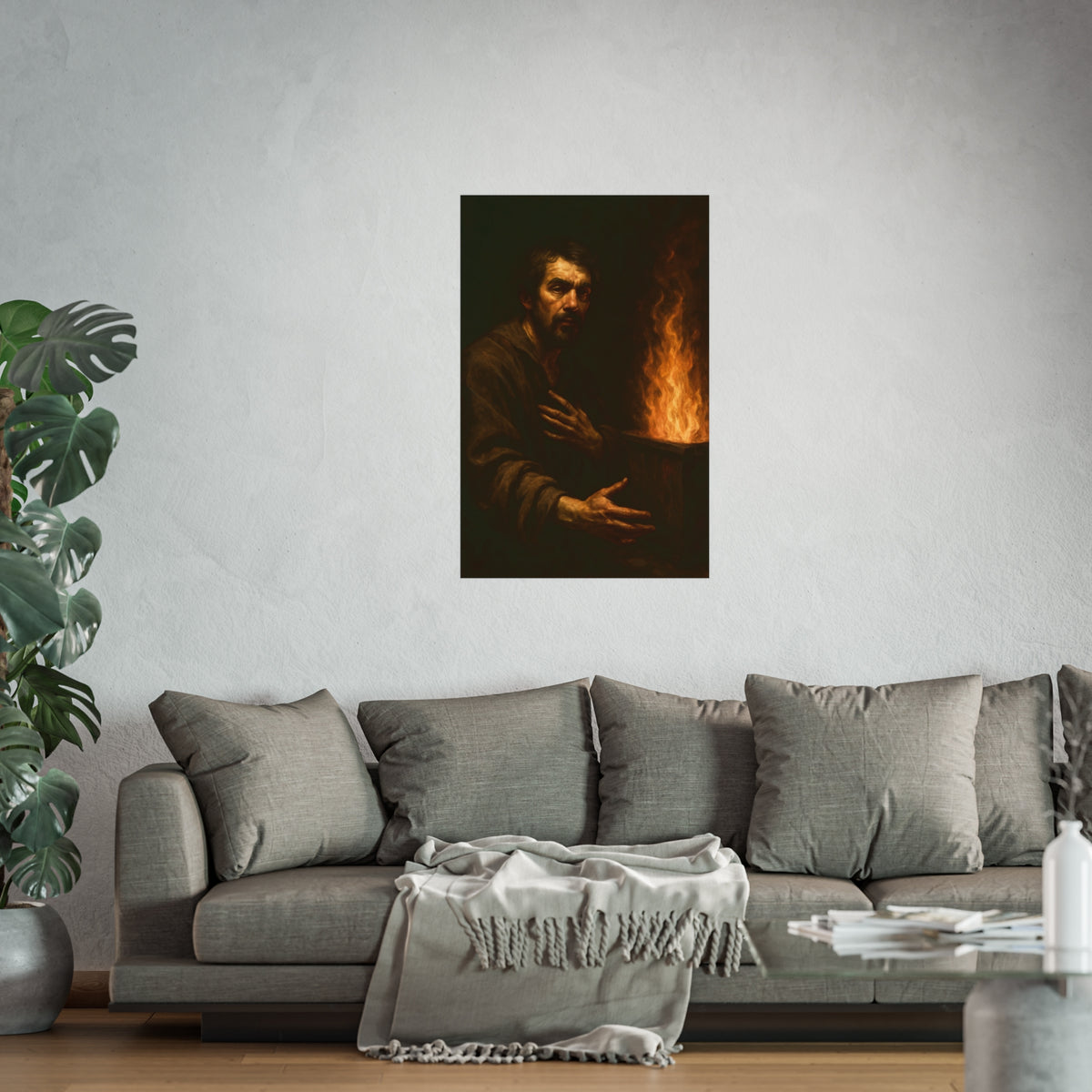 Bearded man with a hand on his chest beside flames rising from a bin. Self-Portrait as a Penitent by Garabaggio, fine art print hanging in a room.