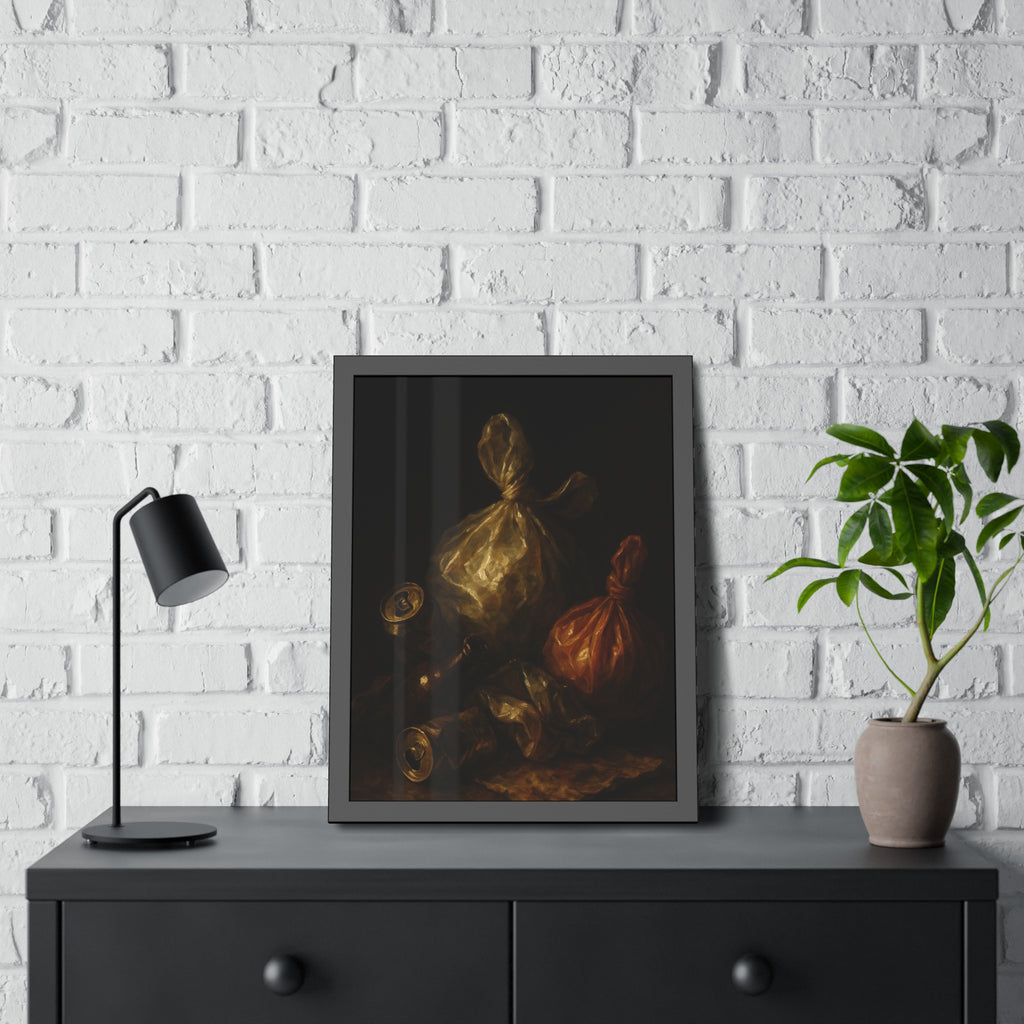 Two knotted plastic bags and crushed cans on a dark table. The Knotted Offering by Garabaggio, framed fine art print hanging in a room.