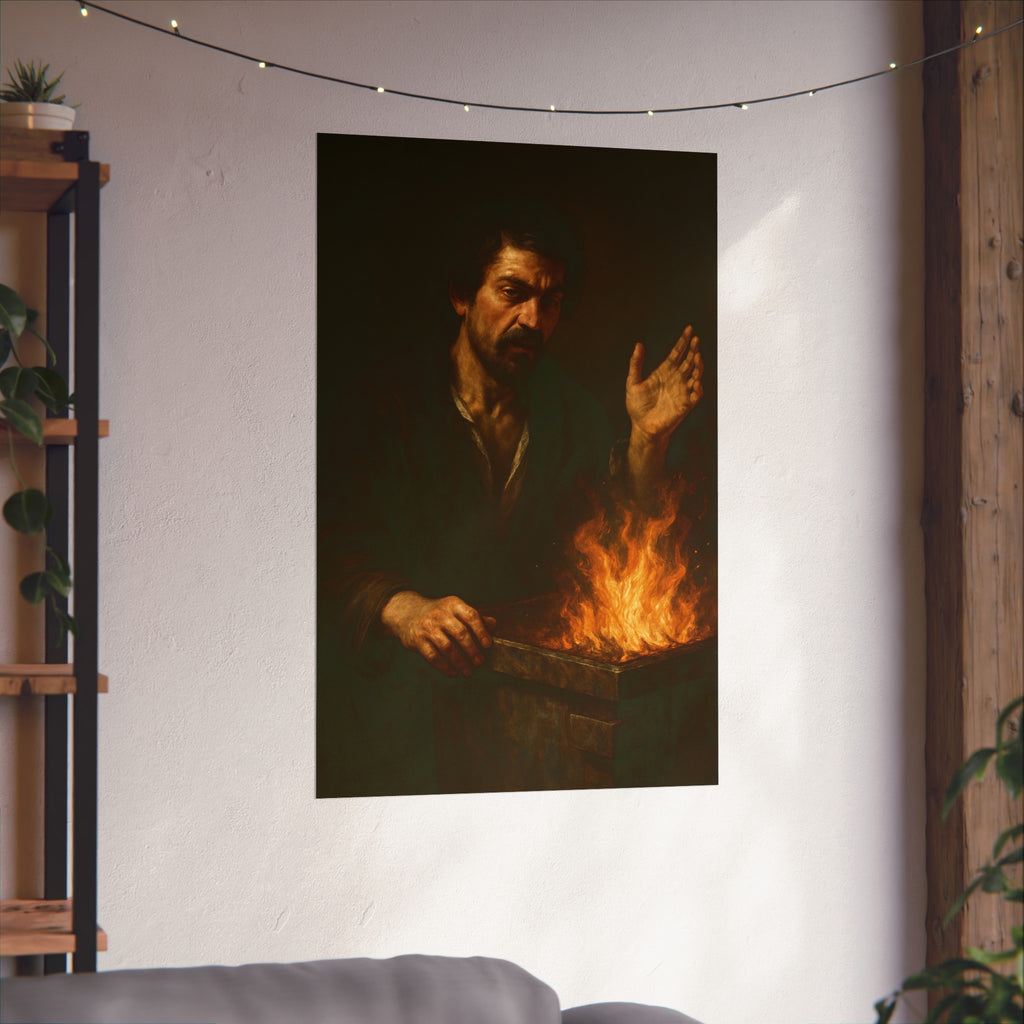 Man holding one hand high over the flames of an open burning bin. Self-Portrait Commanding the Light by Garabaggio, fine art print hanging in a room.